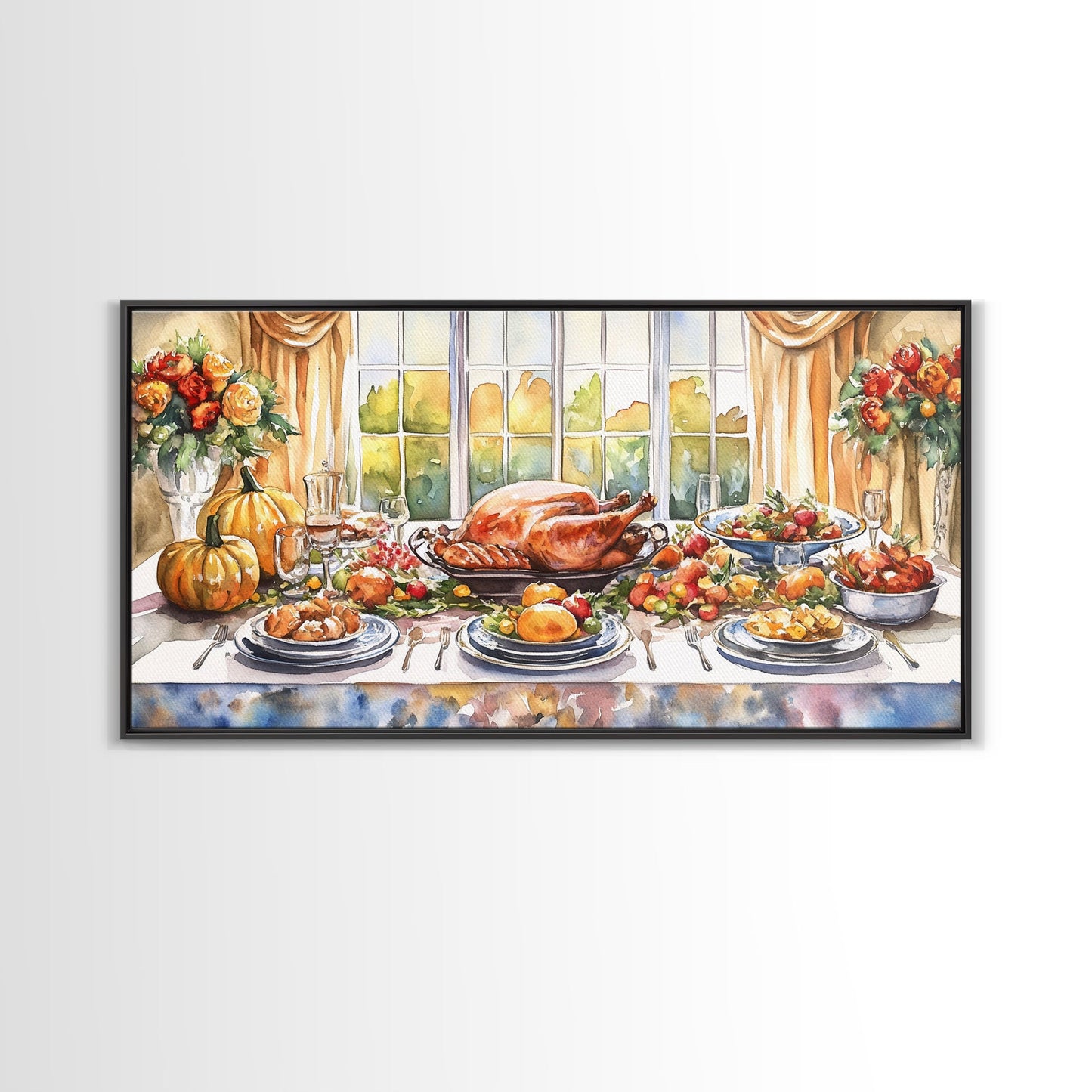Framed Canvas Print Autumn Thanksgiving Dinner Table Art with Pumpkins, Perfect Fall Home Decor, Seasonal Wall Art, and Gallery Wall Piece