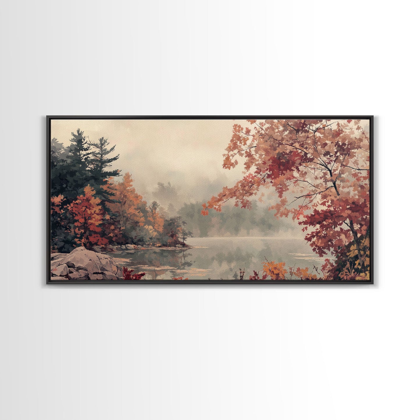 Misty Lake and Autumn Trees Framed Canvas Print, Tranquil Landscape Art, Fall Nature Scene Wall Art, Seasonal Fall Decor, Gallery Wall