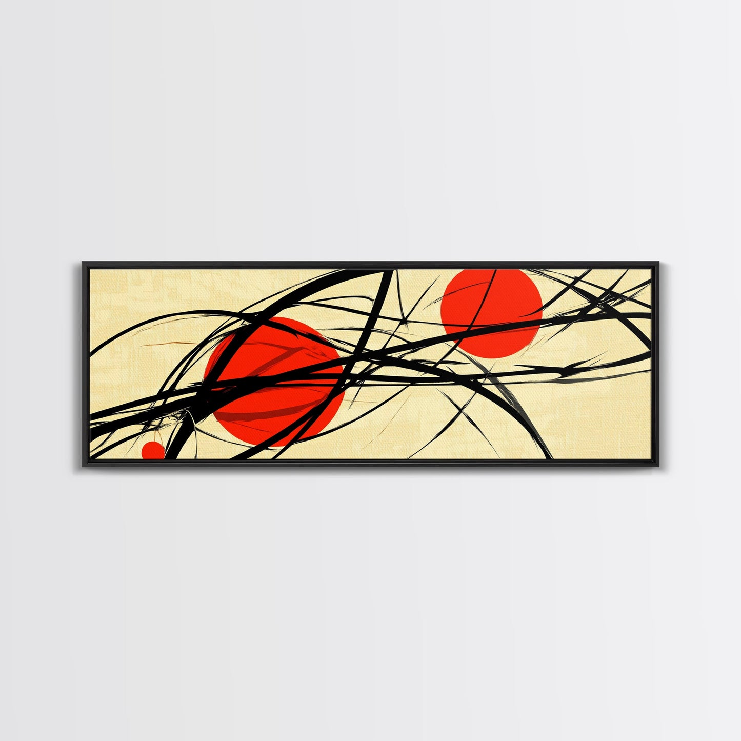 Sun Streaks - 3 Red Suns with Black Streams, Framed Canvas Print, MCM Style Geometric Abstract Wall Art