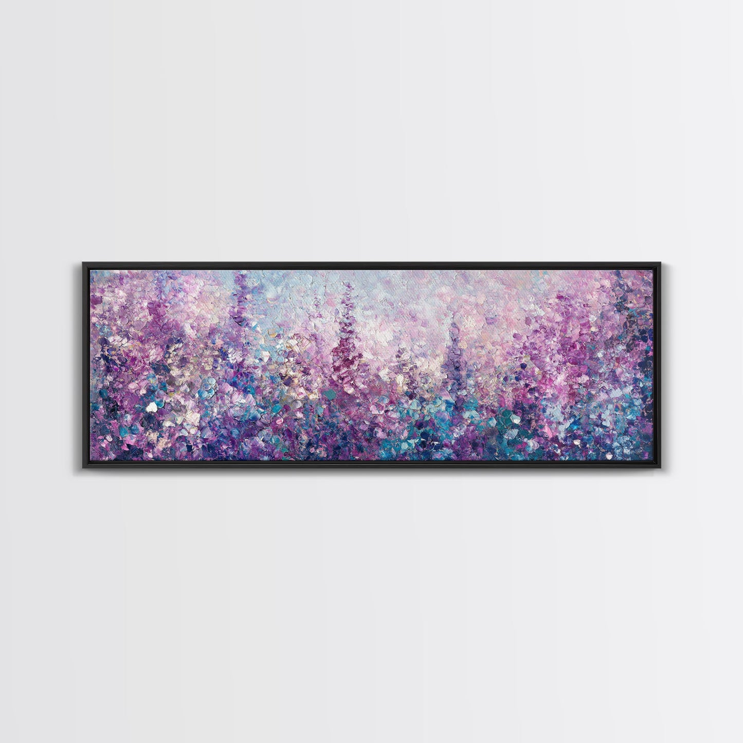 Purple Flower Painting, Lavender and Lilacs, Framed Canvas Print, Boho Style Panoramic Painting Wall Art, Purple and Blue Flowers