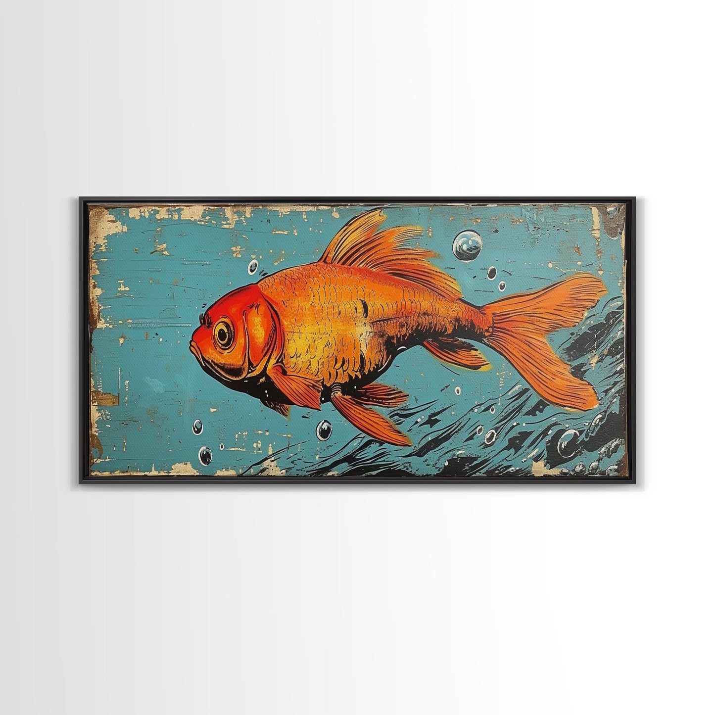 Retro 80s Style Painting of a Gold Fish, Framed Canvas Print, Home Decor Gift Artwork, Fish Painting, Fish Art