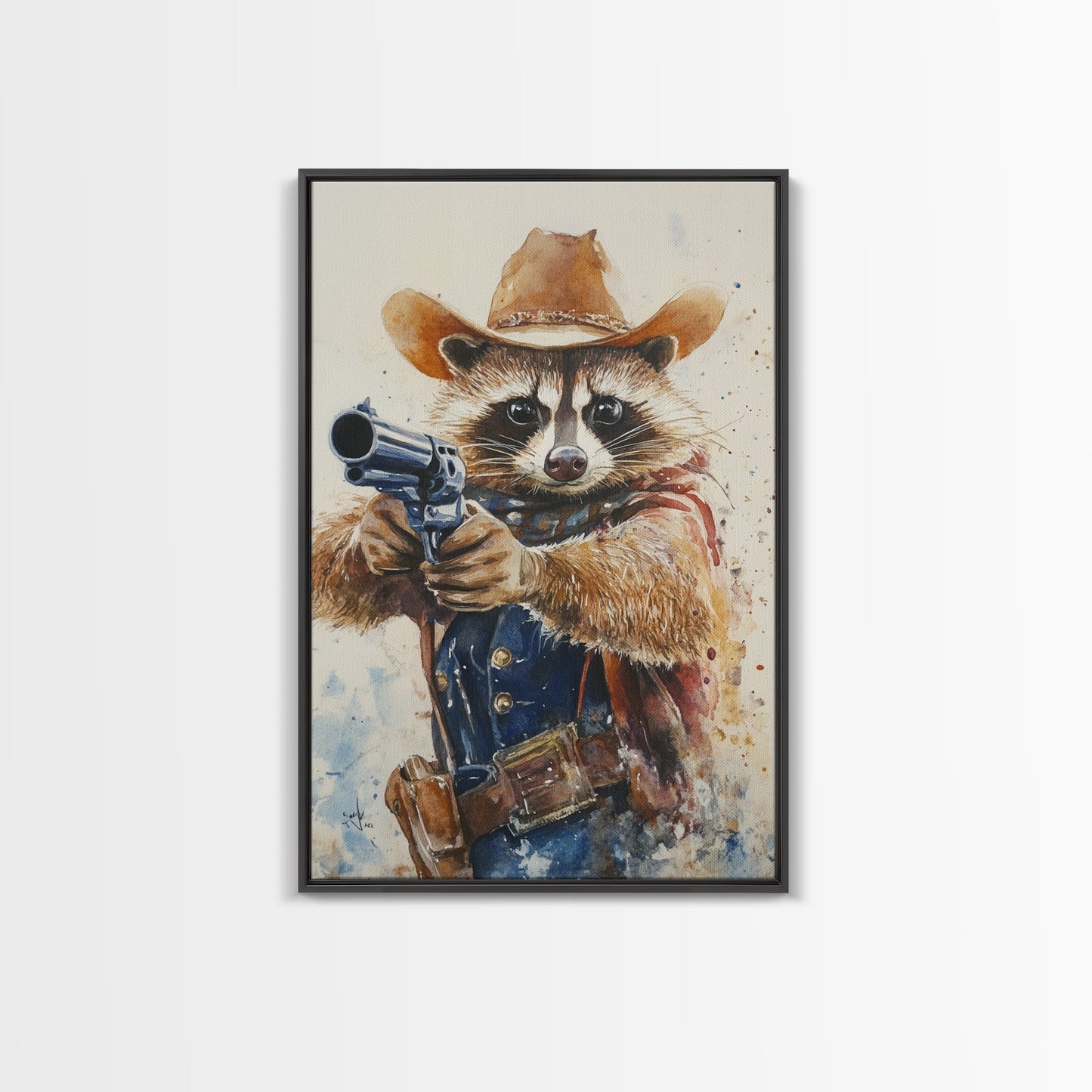 Rootin' Tootin' Racoon Cowboy, Framed Canvas Print, Ready to Hang, Racoon Painting