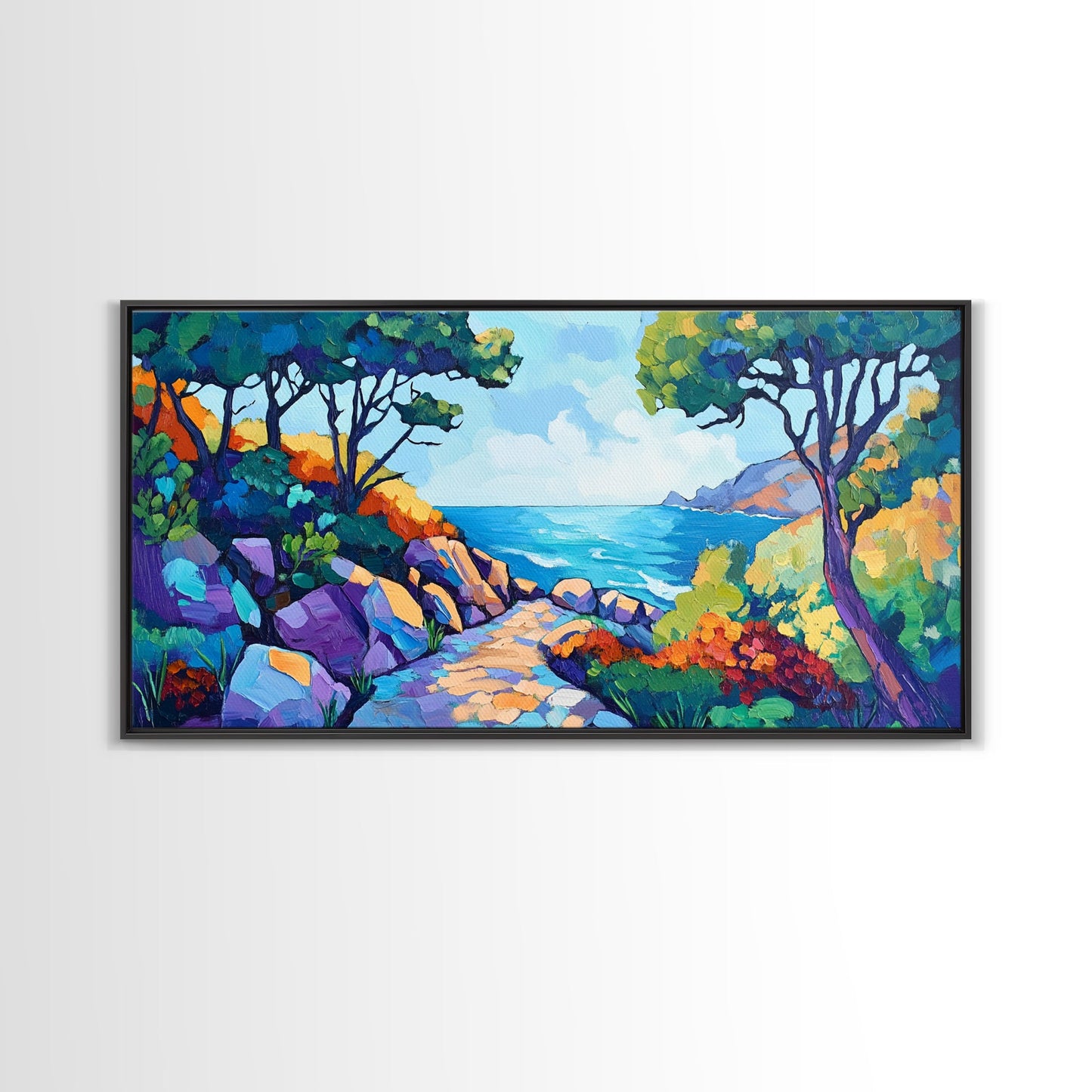 Coastal Pathway, bold colors, impressionist seascape, ocean view, vibrant painting, coastal wall art, Canvas Print, beach decor