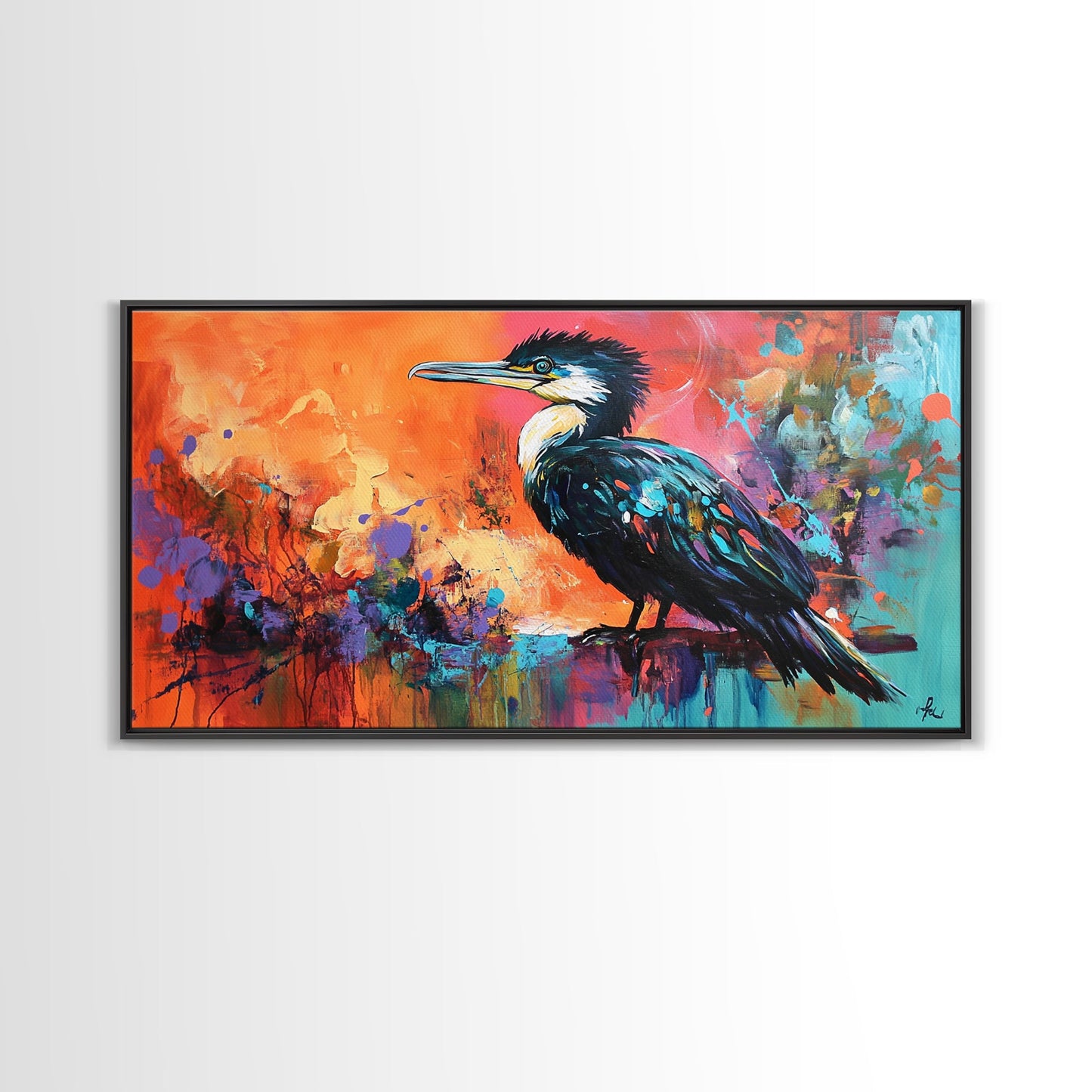 Colorful Bird, bird art, whimsical art, teal wall art, abstract wildlife painting, vibrant decor, boho art, Framed Canvas Print