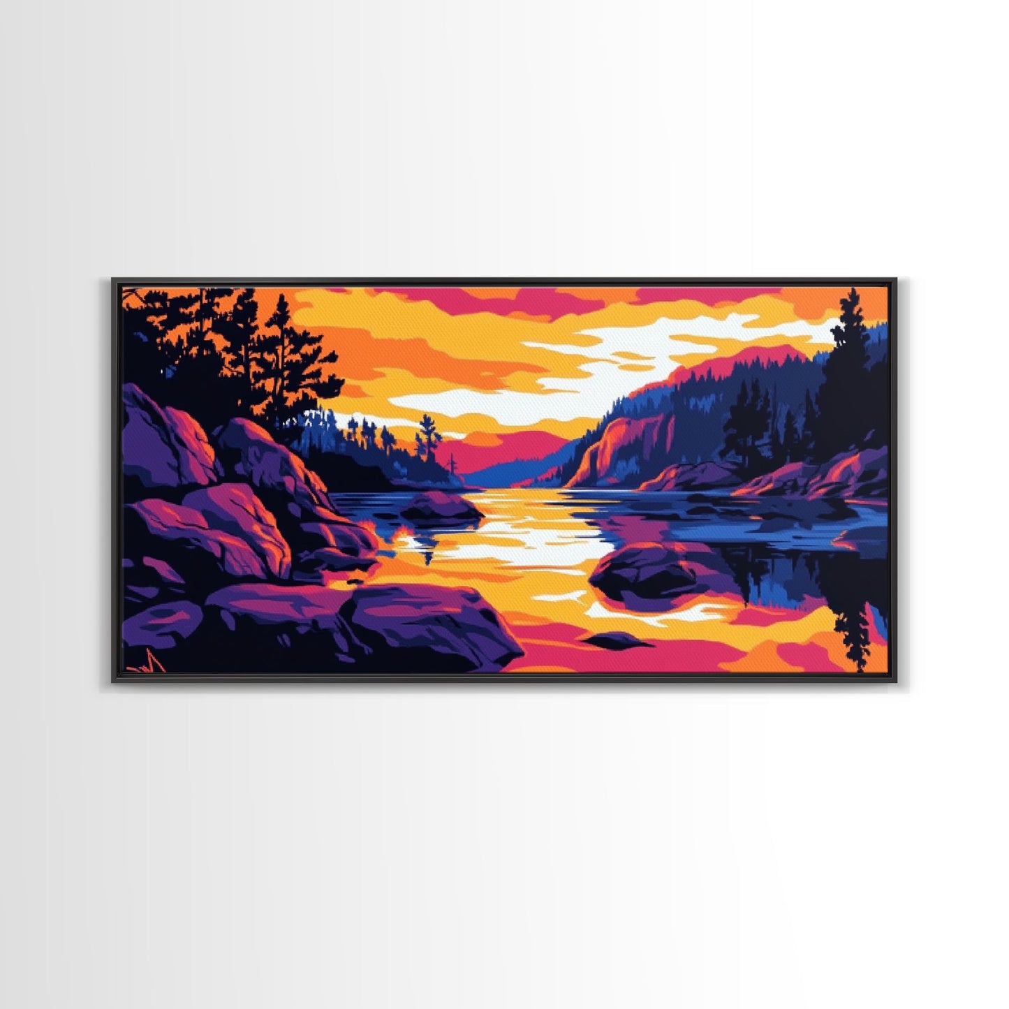 Golden Sunset, Rocky River, Mountain Reflection, Canvas Print, Rustic Lodge Wall Art, Autumn Home Decor, Warm Nature Painting, Colorful Art