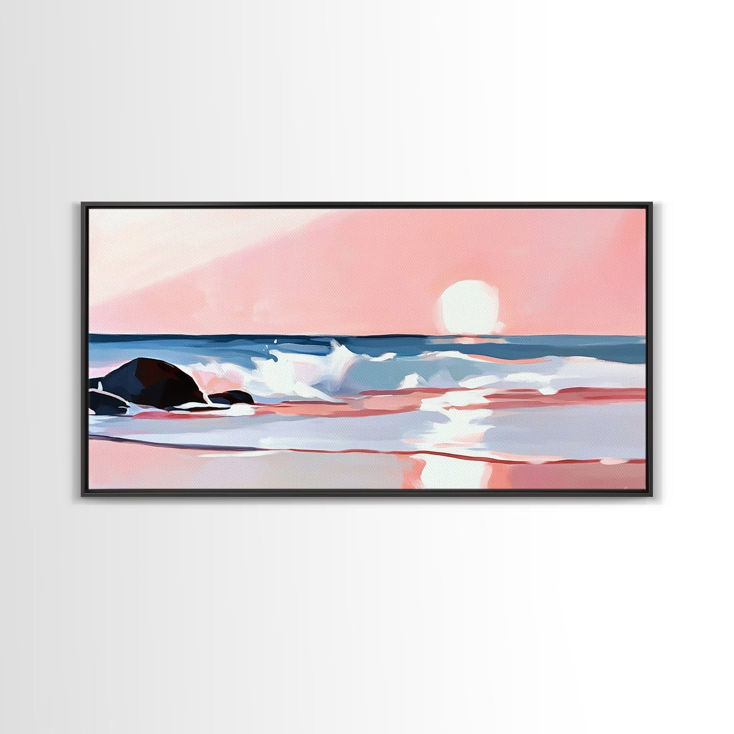 Sunset Beach, Ocean Waves, Framed Canvas Print, Coastal Wall Art, Pink Sky Painting, Living Room Decor, Tropical Seascape