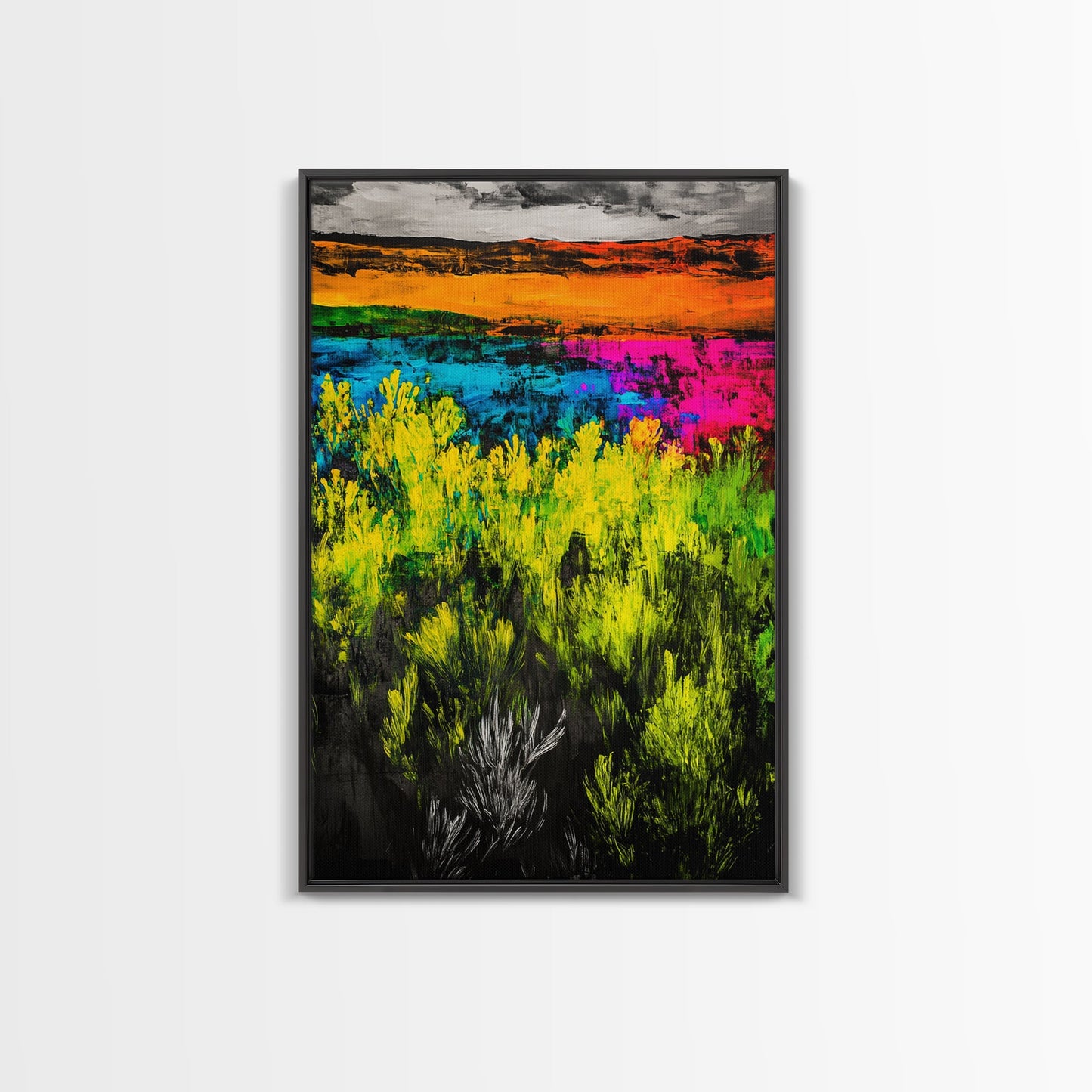 Colorful Prairie, Abstract Fields, Bright Wildflowers, Framed Canvas Print, Vibrant Wall Art, Boho Home Decor, Living Room Statement