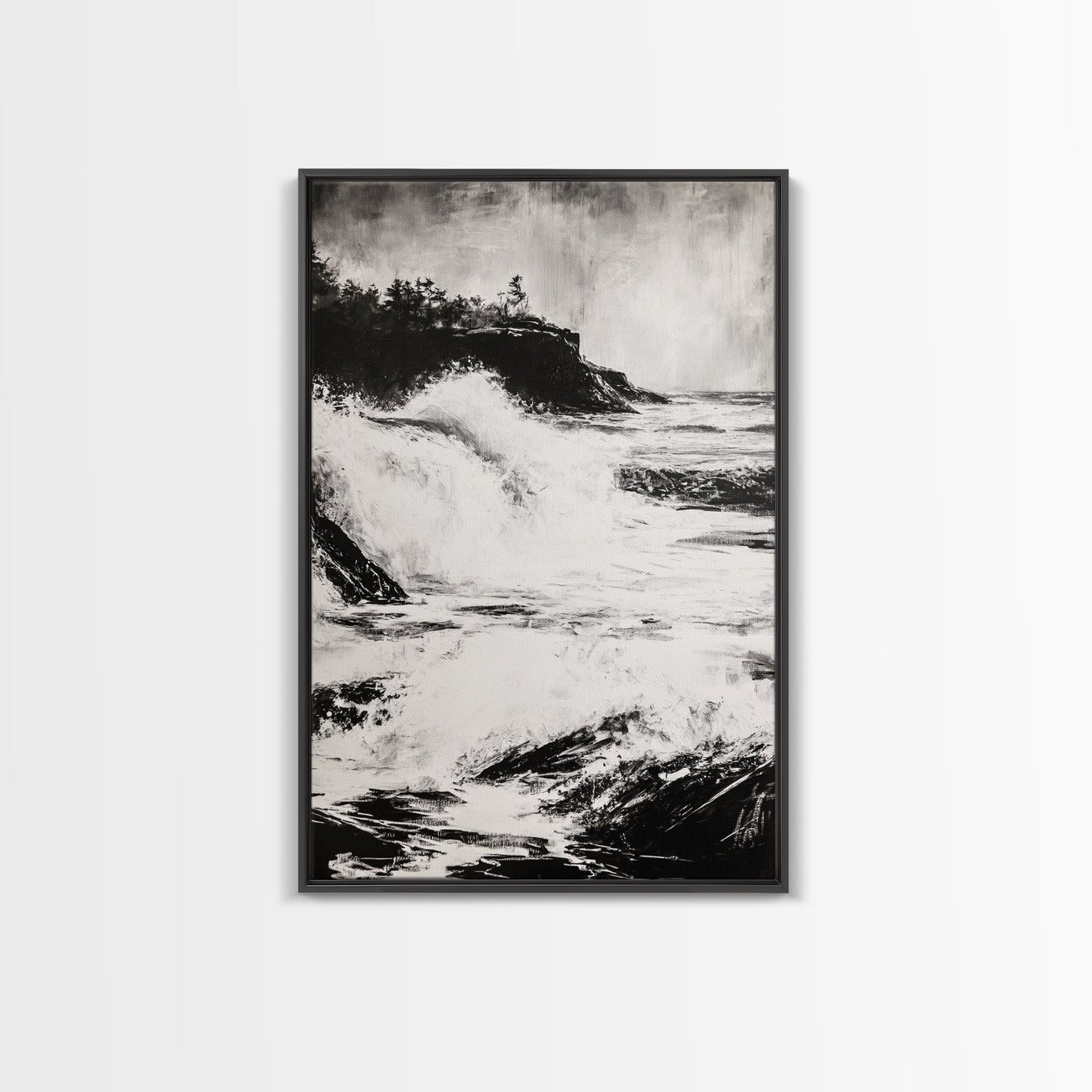 Ocean Waves, Seascape Painting, Framed Canvas Print, Beach House Decor, Nautical Wall Art, Black and White Art, Coastal Living Room