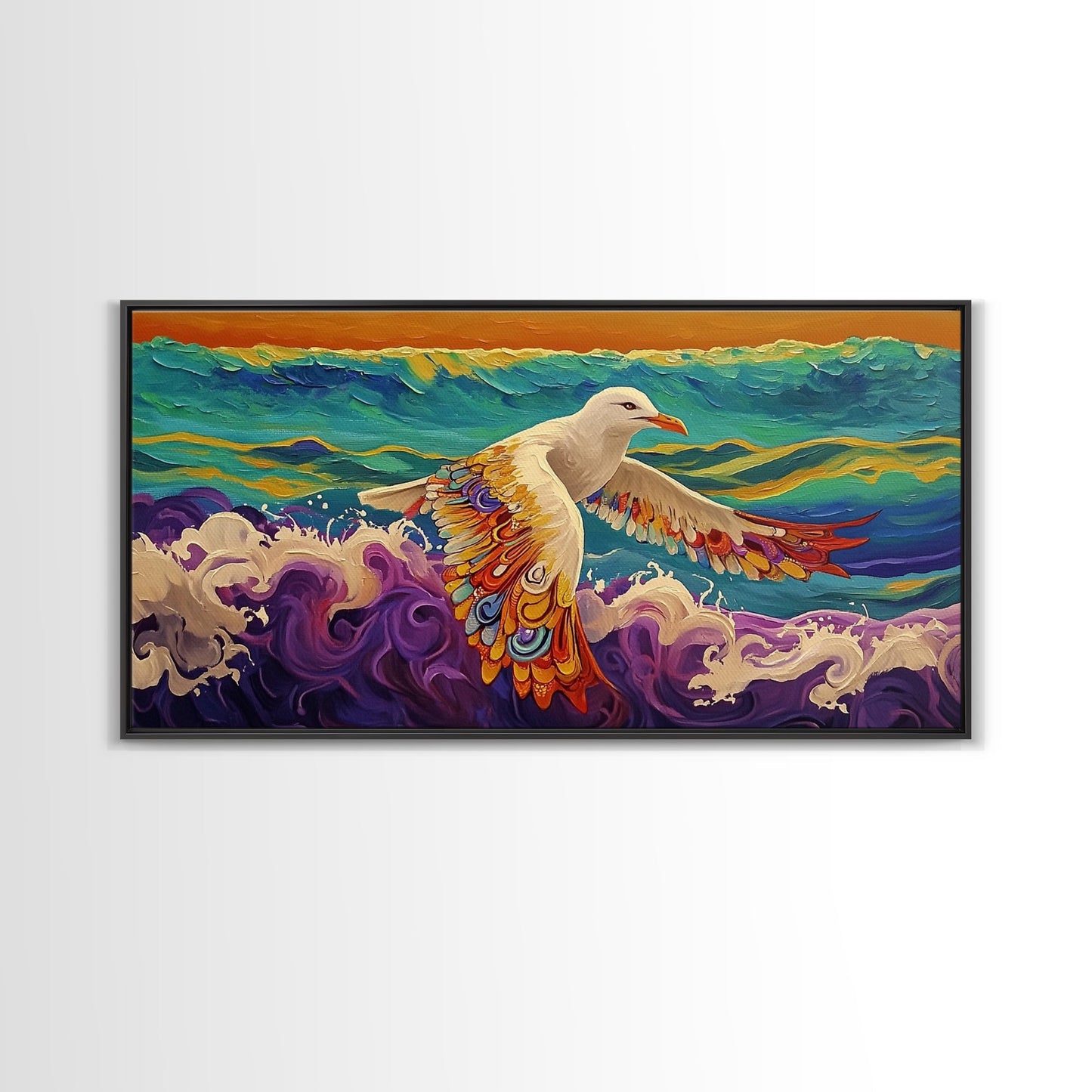 Seagull Ocean, Wings, Framed Canvas Print, Whimsical Bird Wall Art, Nautical Coastal Decor, Colorful Beach Painting, Boho Wall Art