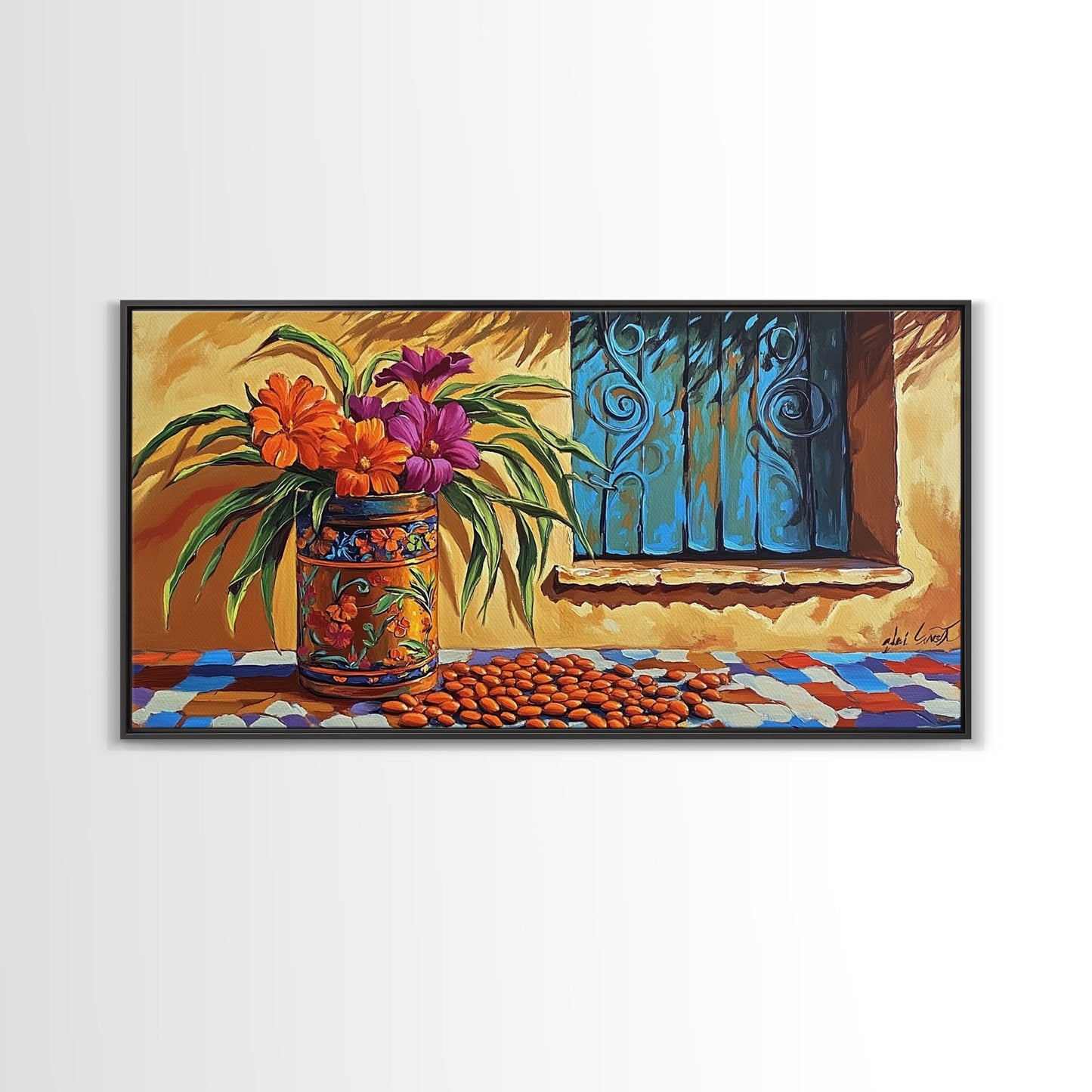 Flowers Pottery, Window, Still Life, Canvas Print, vibrant floral still life wall art, Mexican pottery, rustic kitchen décor