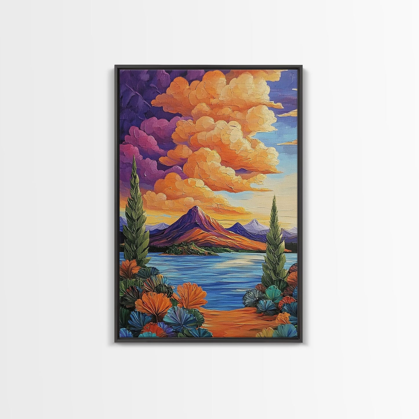 Mountain Lake, Cloudscape, Reflection, Framed Canvas Print, Bold sunset wall art, vibrant color landscape, Cabin or Living Room Wall Art