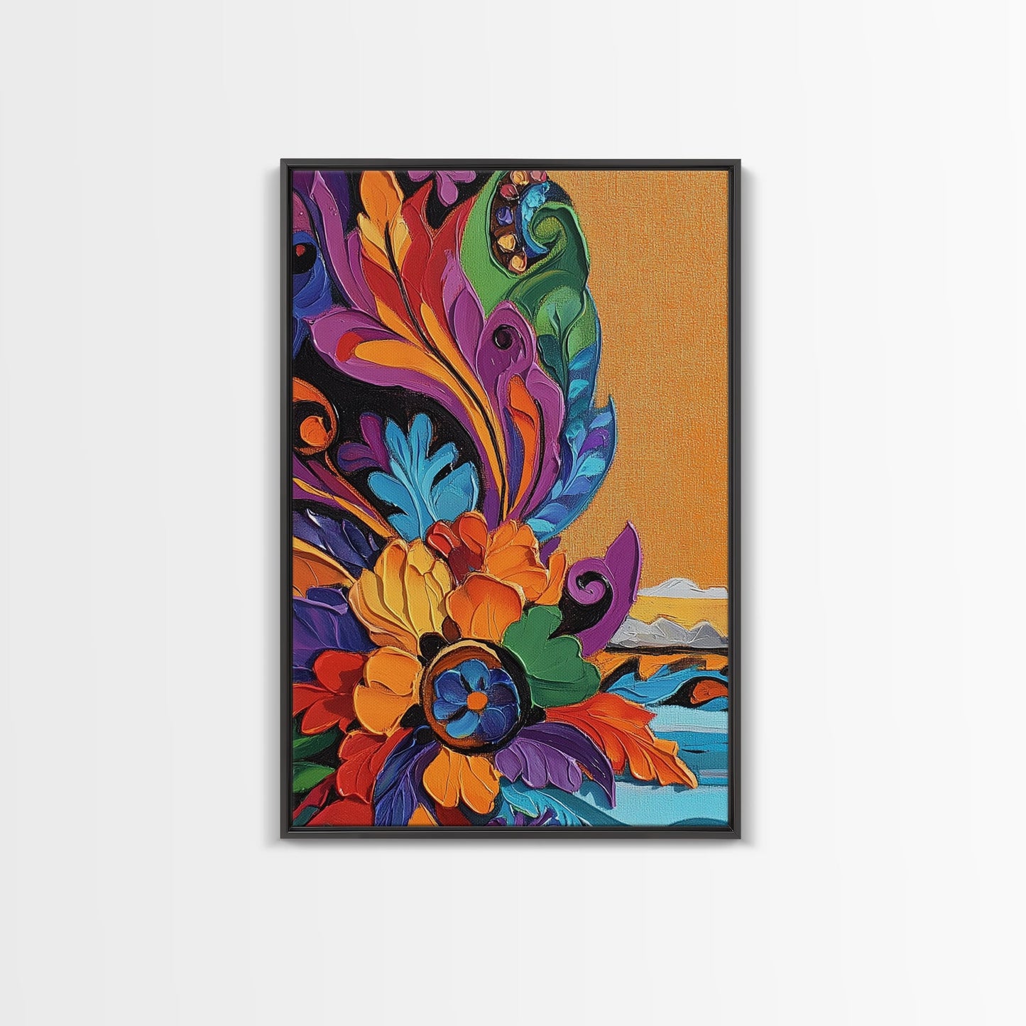 Fiesta Flower, Southwest Pattern, Mexican Style, Bright Floral, Framed Canvas Print, Kitchen Wall Art, folk boho art, vibrant decor