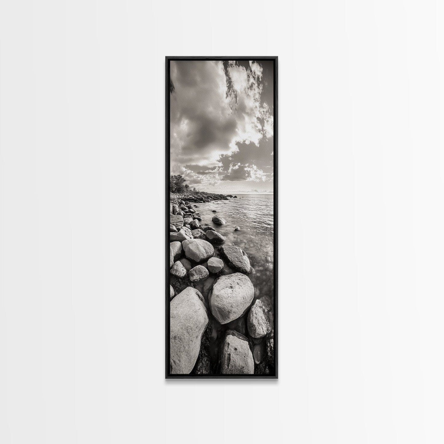 Sunrise Shore, Tranquil Coast, Pebble Beach, Golden Glow, Framed Canvas Print Fall Wall Art, Landscape Living Room Decor, Minimalist Aesthetic
