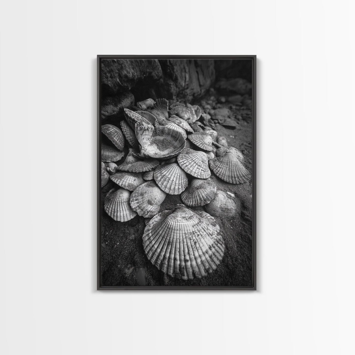Seashell Pile, Textured Beach, Coastal Treasures, Natural Beauty Framed Canvas Print, bathroom decor, shell art, beach wall style