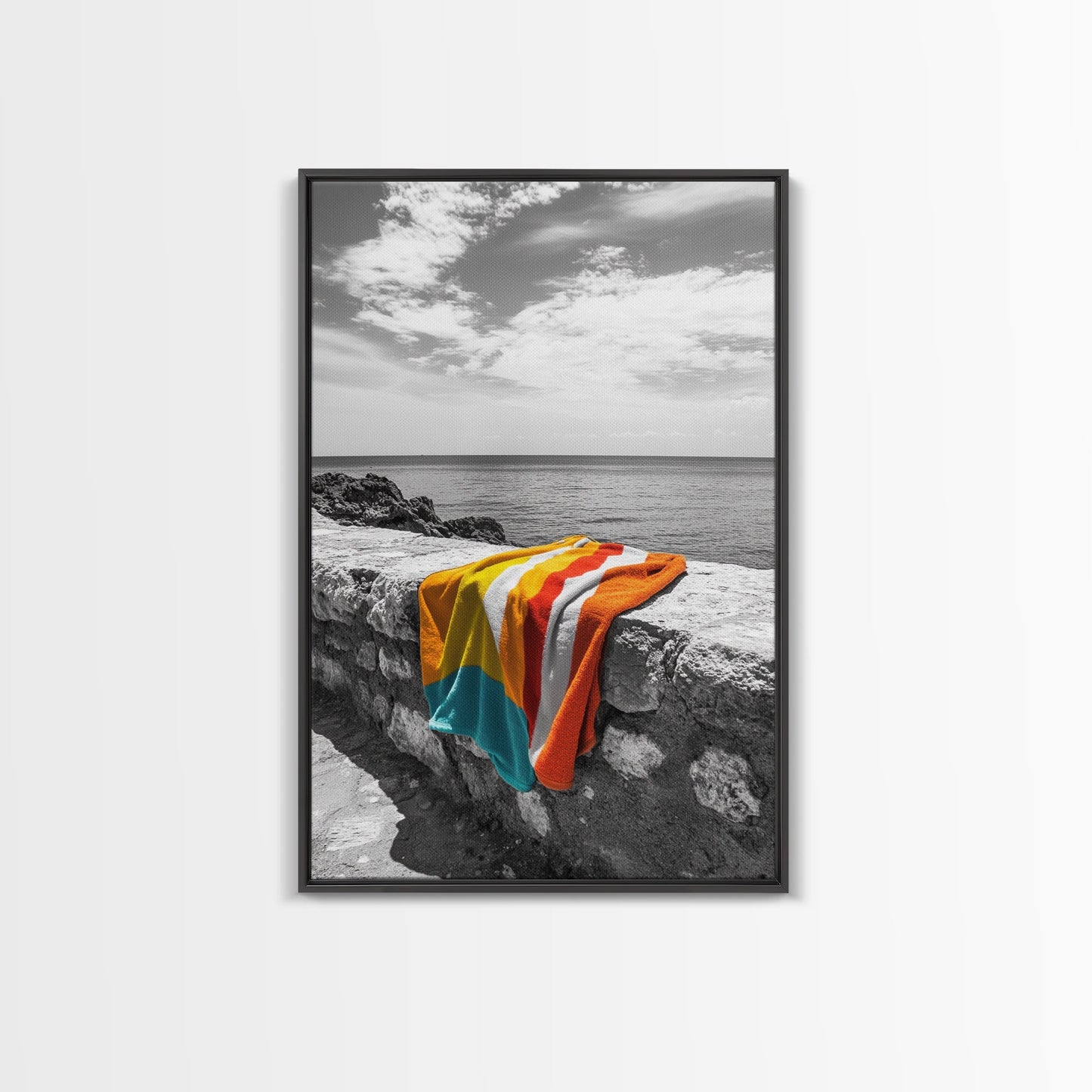 Colorful Towel, Coastal Vibes, Seaside Style, Bold Decor, Framed Canvas Print vibrant beach towel photo, bathroom wall art, summer art