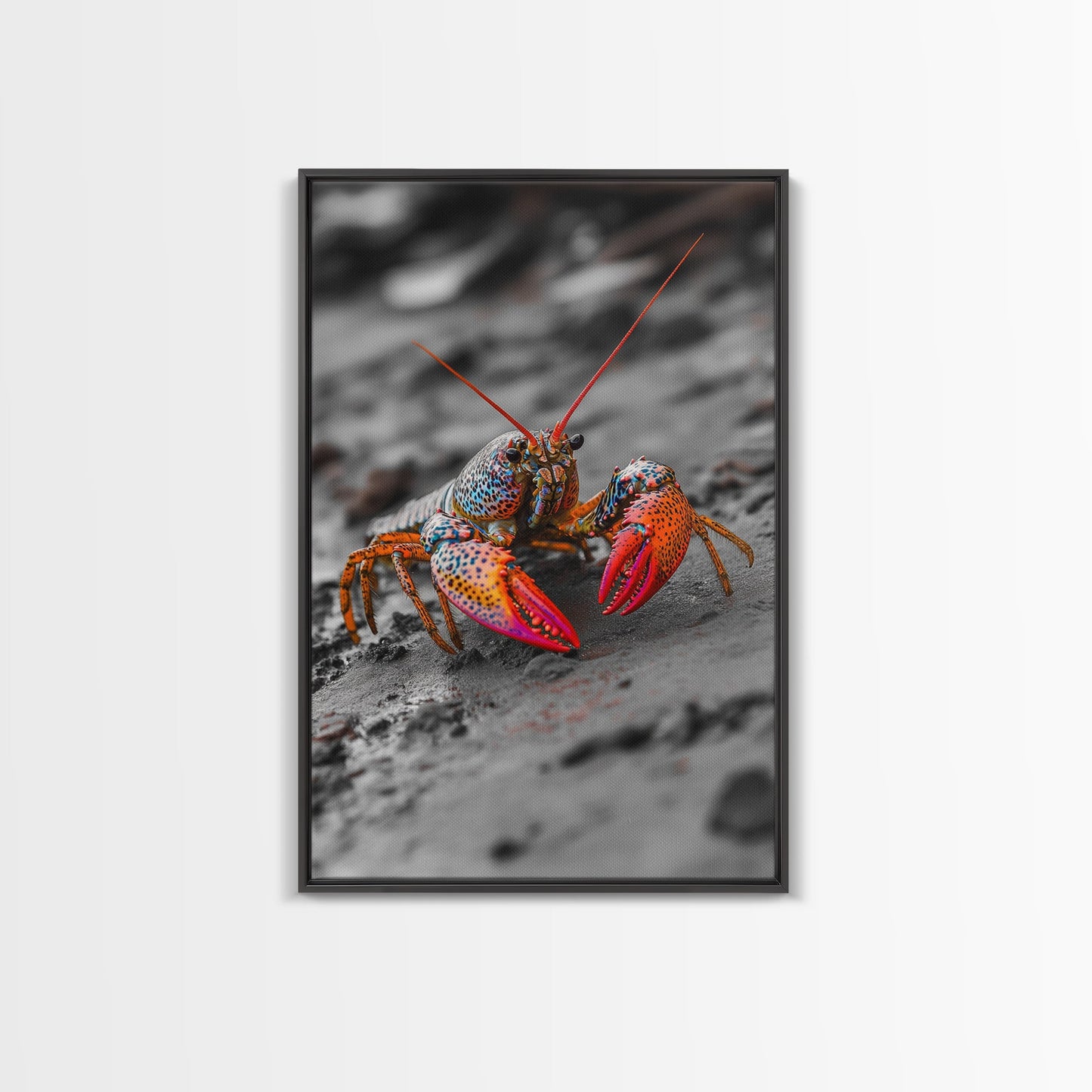 Colorful Lobster, Beach Wildlife, Close-Up Macro Art, Framed Canvas Print, Kitchen Wall Art, Coastal Marine Decor, Vibrant Style
