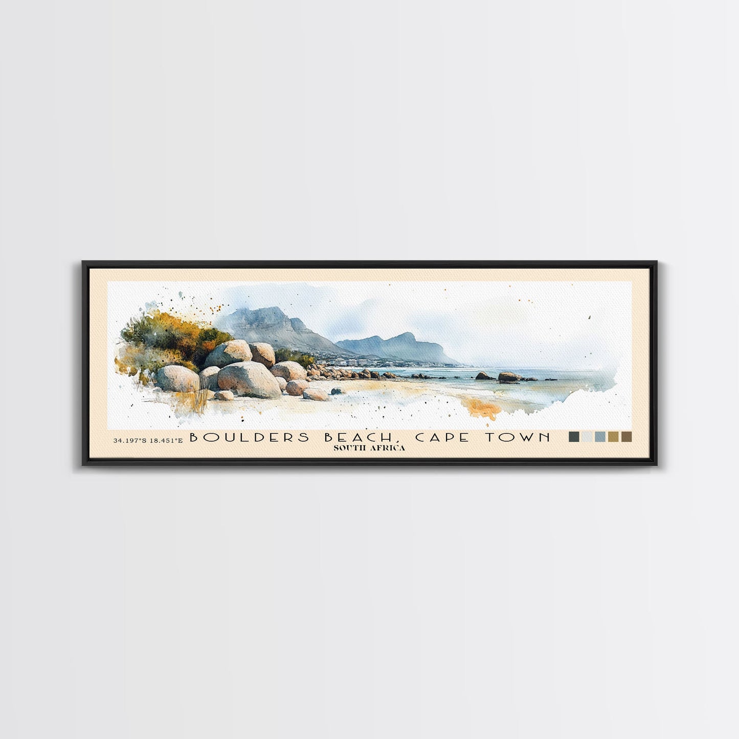 Boulders Beach, Cape Town, South Africa Watercolor Print, Vacation Gift, South Africa Wall Art, Beach Painting, Beach Decor, Large Wall Art, Wood Frame Art