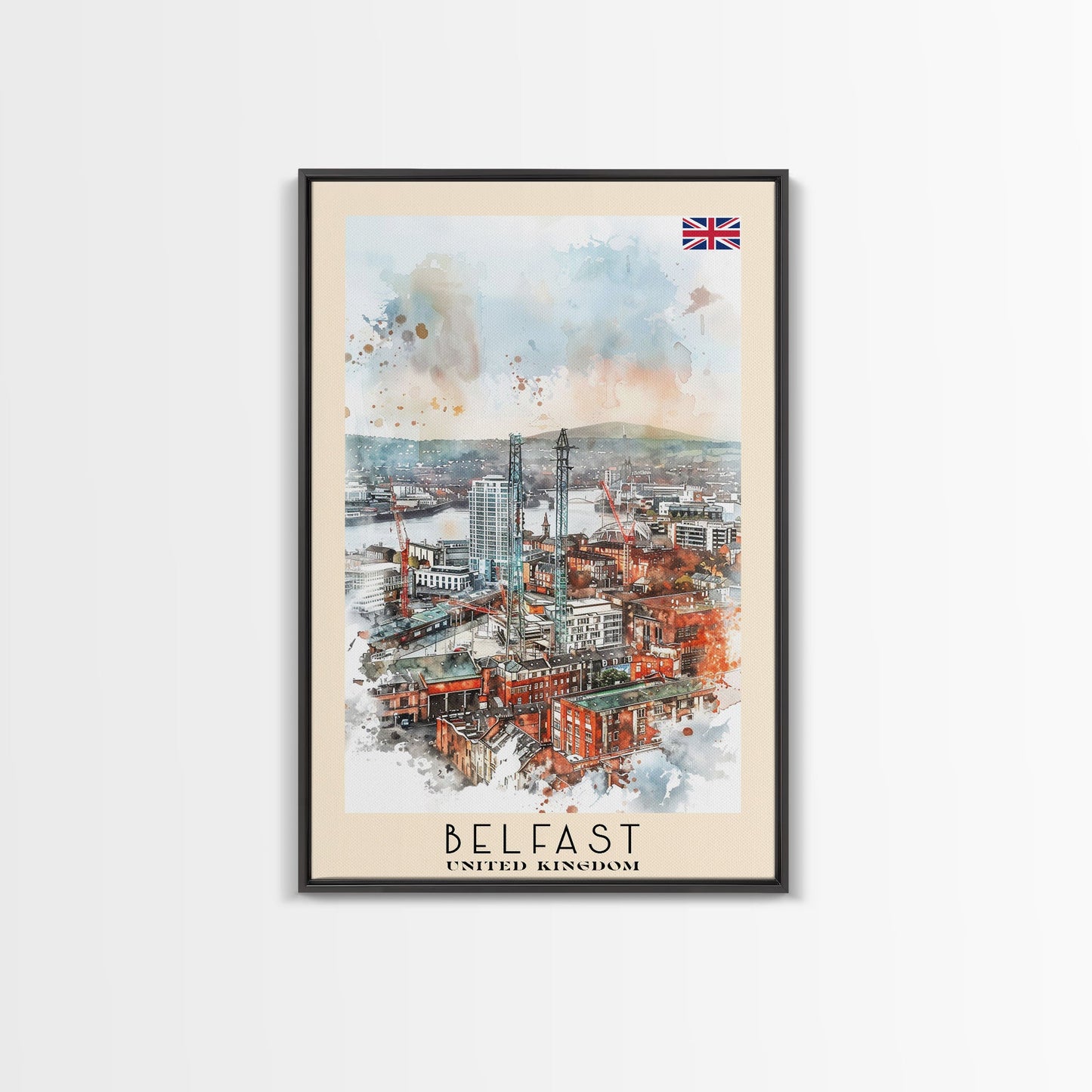Belfast United Kingdom Travel Poster Framed Canvas Print, Wall Art, Living Room Art, Watercolor Painting, Original Art