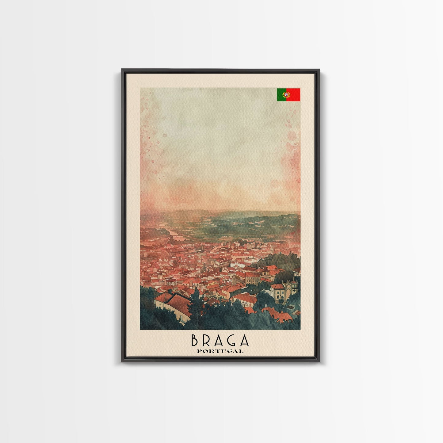 Braga Portugal Travel Poster Framed Canvas Print, Wall Art, Home Decor, Travel Print, Sunset Scene, Boho Art, Original Art