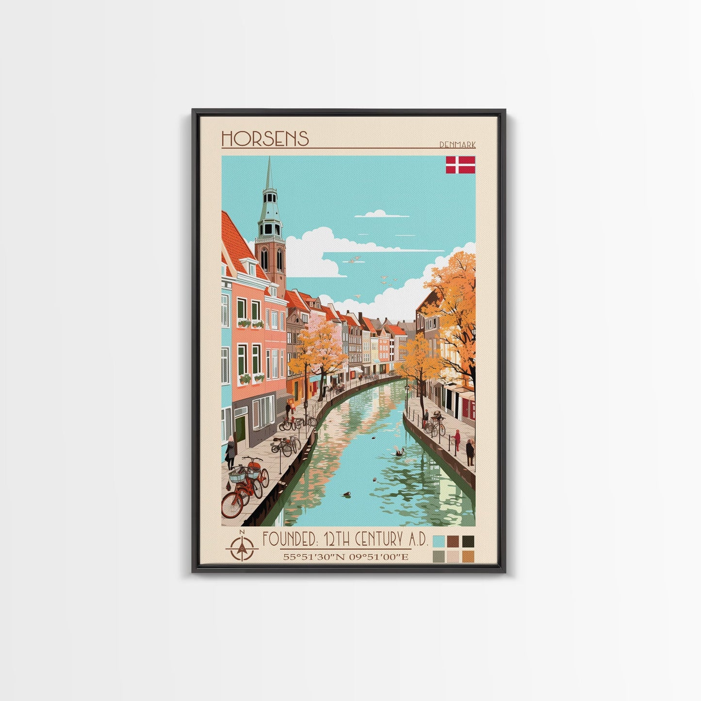 Horsens Denmark Travel Poster Framed Canvas Print, Midcentury Modern Art, Pop Art Wall Decor, Home Decor, Vacation Gift, Office Art