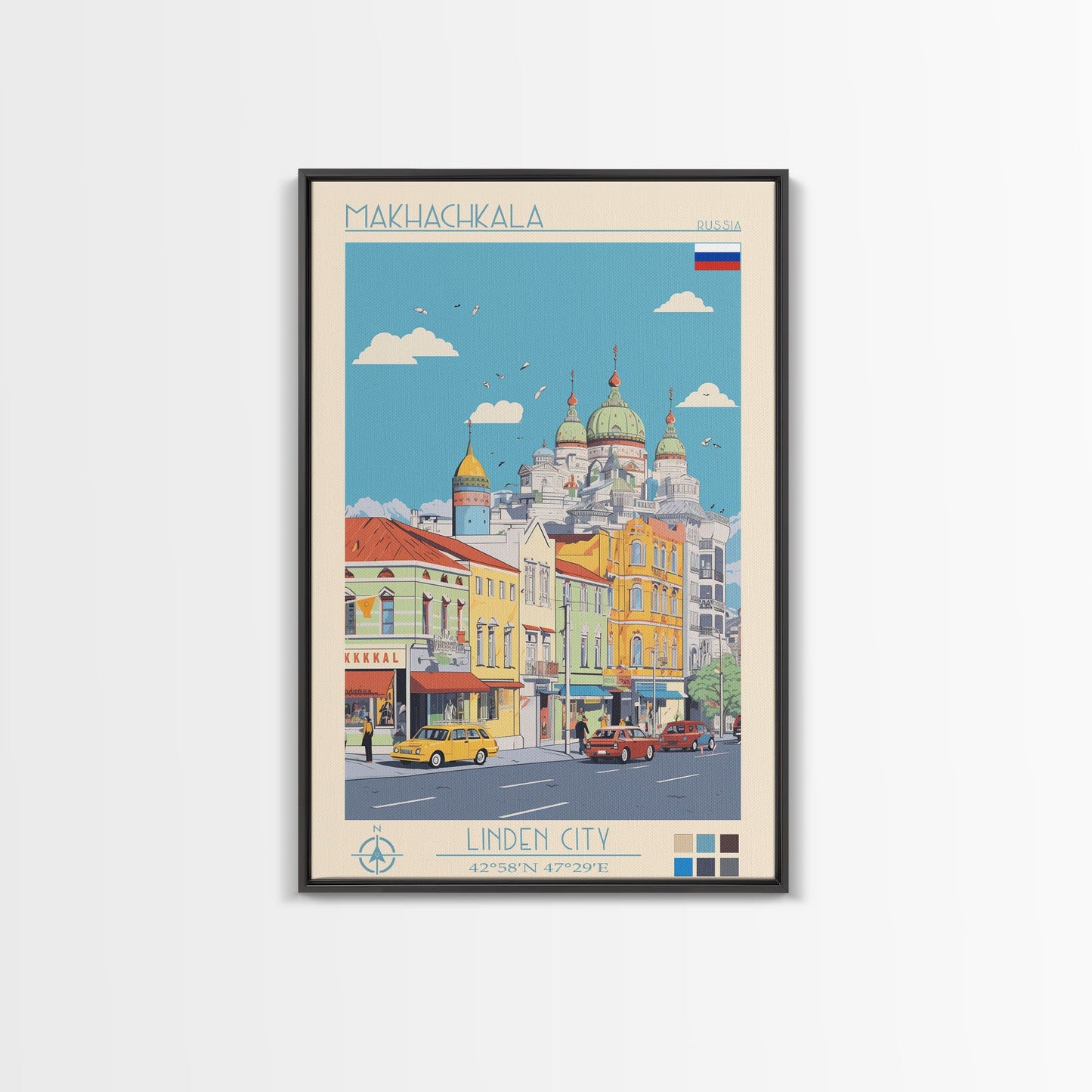 Makhachkala Russia Travel Poster Framed Canvas Print, Midcentury Modern Art, Pop Art Wall Decor, Scenic Wall Art, Living Room Decoration, Office Art