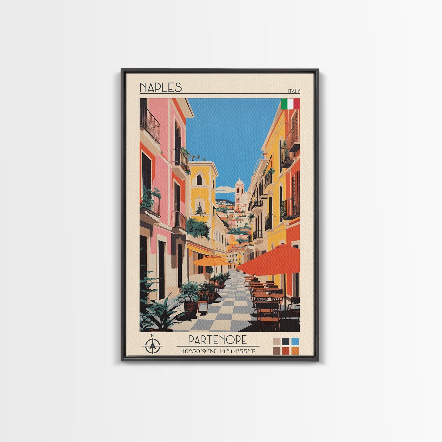 Naples Italy Travel Poster Framed Canvas Print, Midcentury Modern Art, Pop Art Wall Decor, Scenic Wall Art, Living Room Decoration, Office Art