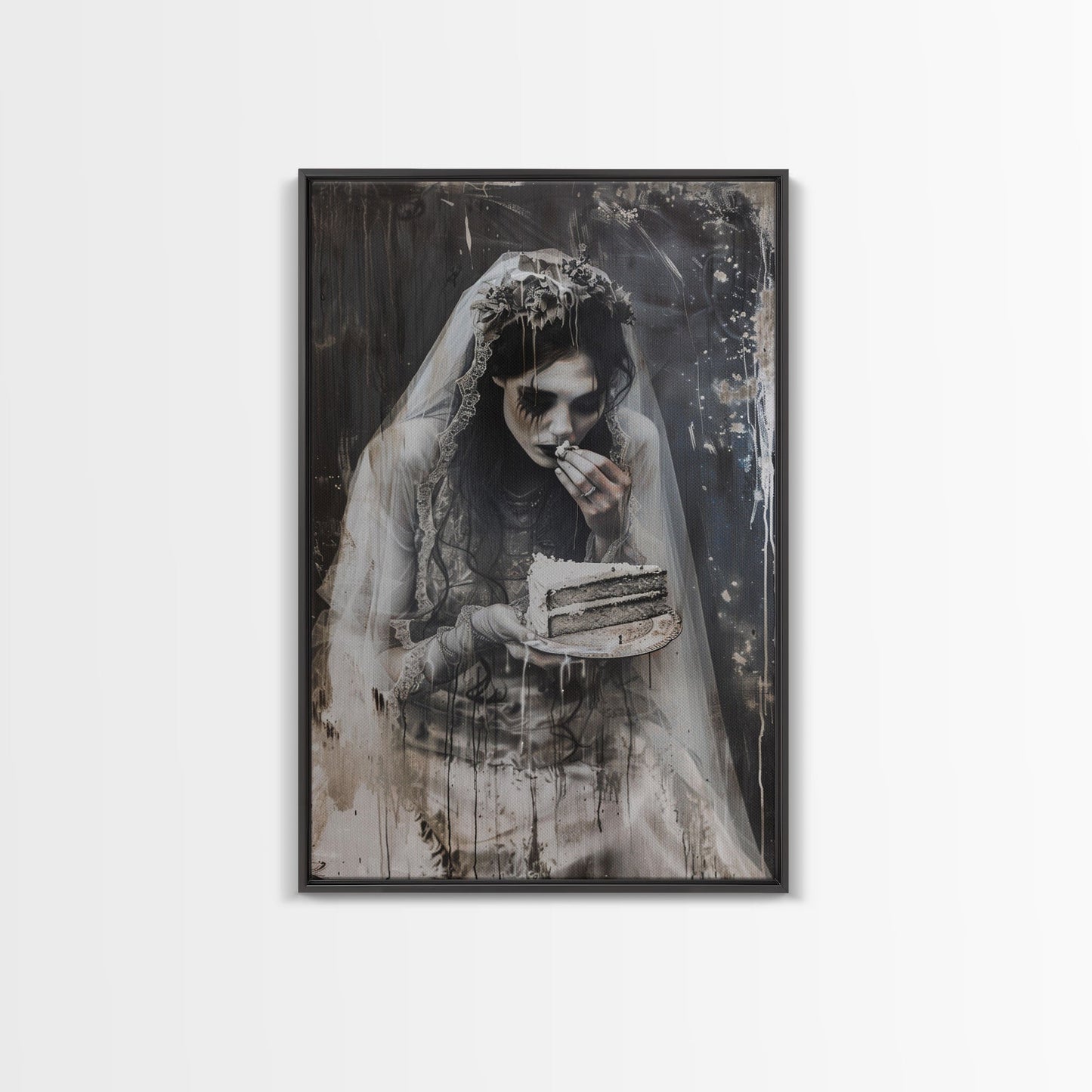 Melancholic Ghost Bride Having A Slice of Birthday Cake, Framed Canvas Print, Halloween Decor