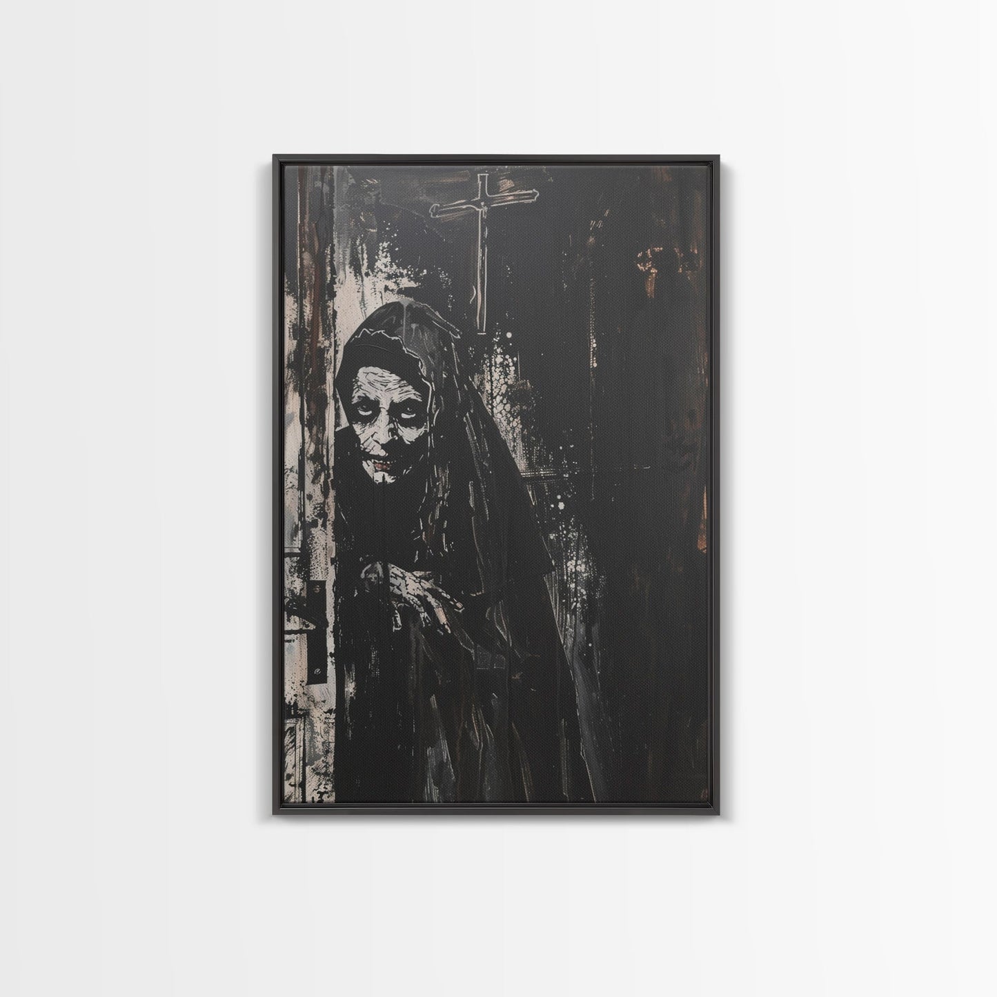 Haunted Nun with Eerie Expression, Framed Canvas Print, Gothic Halloween Art, Spooky Religious Decor, Scary Nun Painting, Gothic Home Art