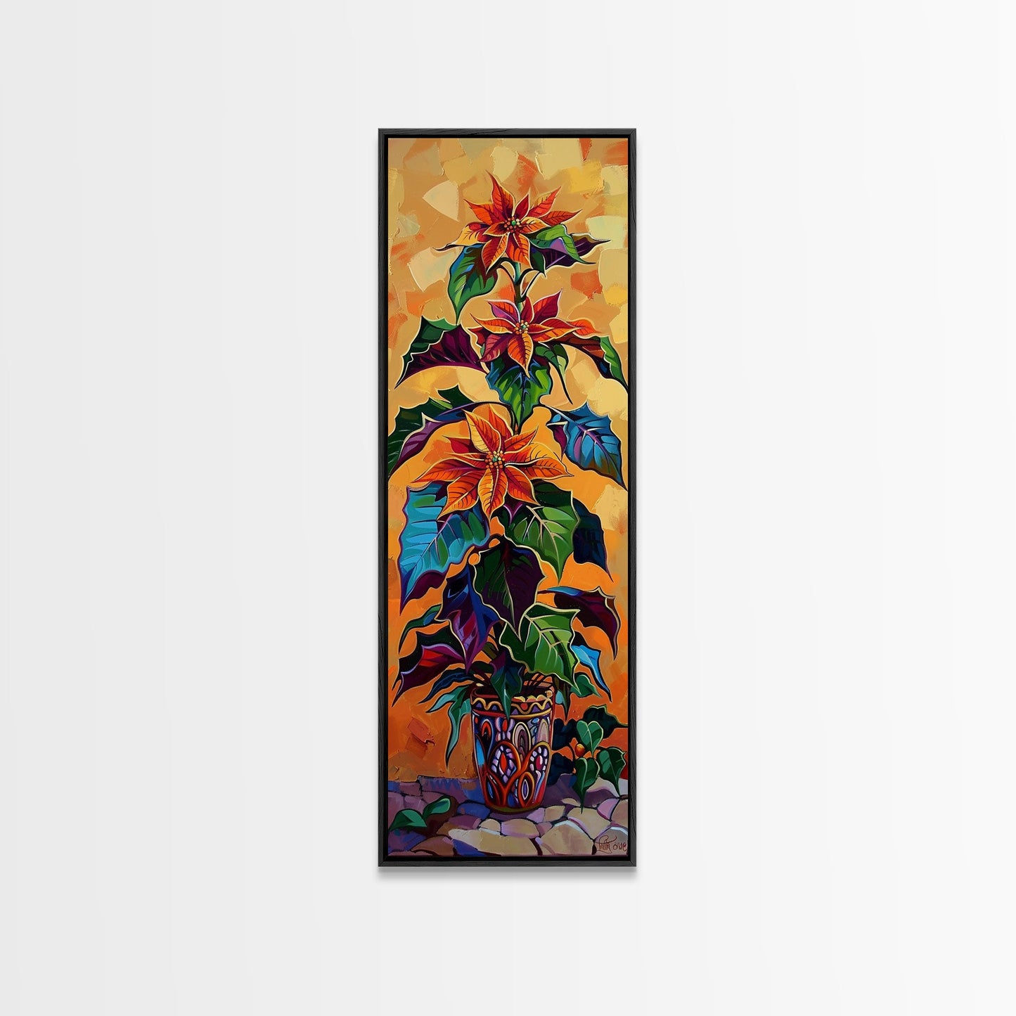 Oversized Spanish Style Poinsettia Canvas Painting Framed and Printed, Botanical Wall Art, Textured Canvas Painting, Vertical Framed Art