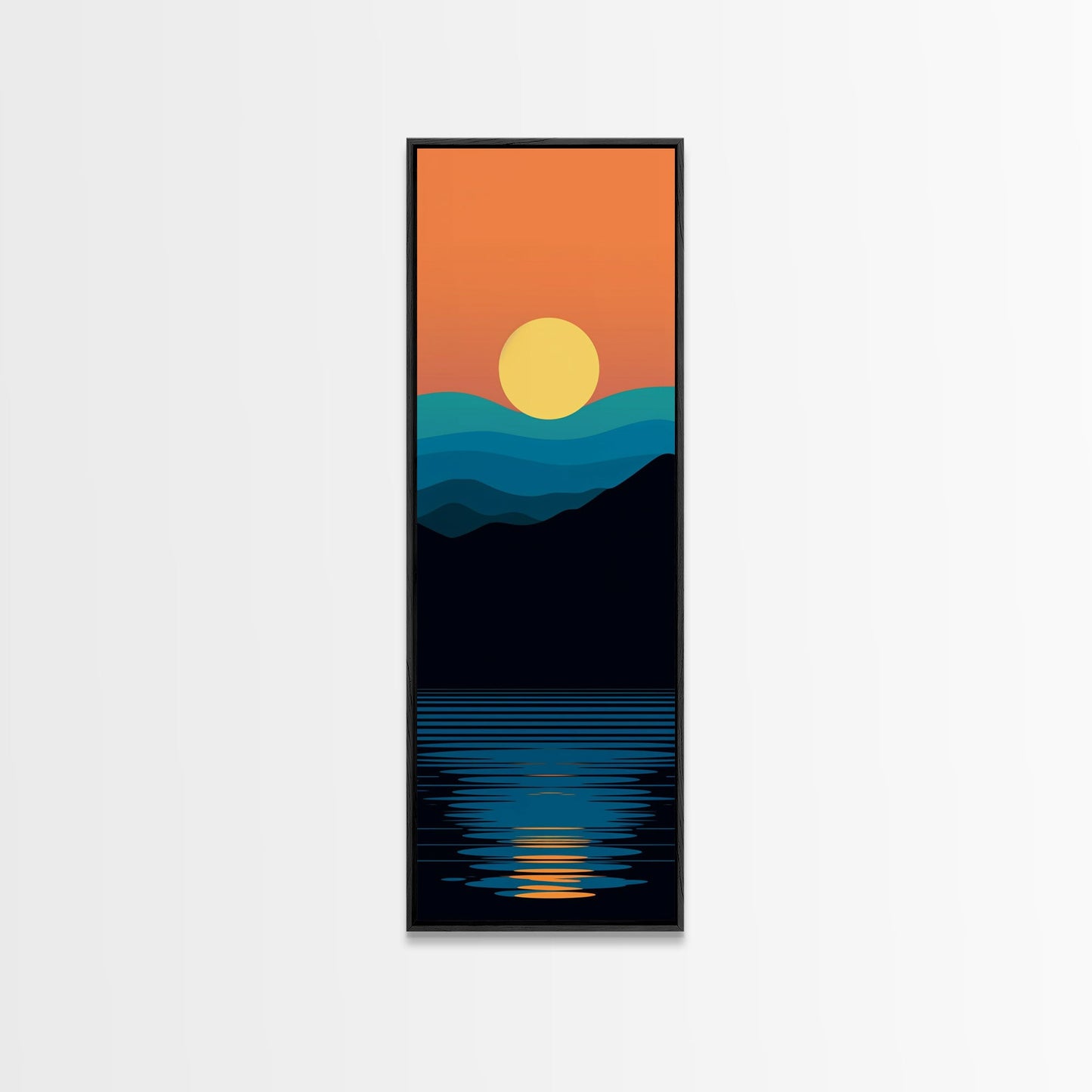 Minimalist Sunset Over Mountains Midcentury Modern Art - Framed Canvas Print, Boho Art, Skinny Art, Living Room Art, Bedroom Decor, Landscape