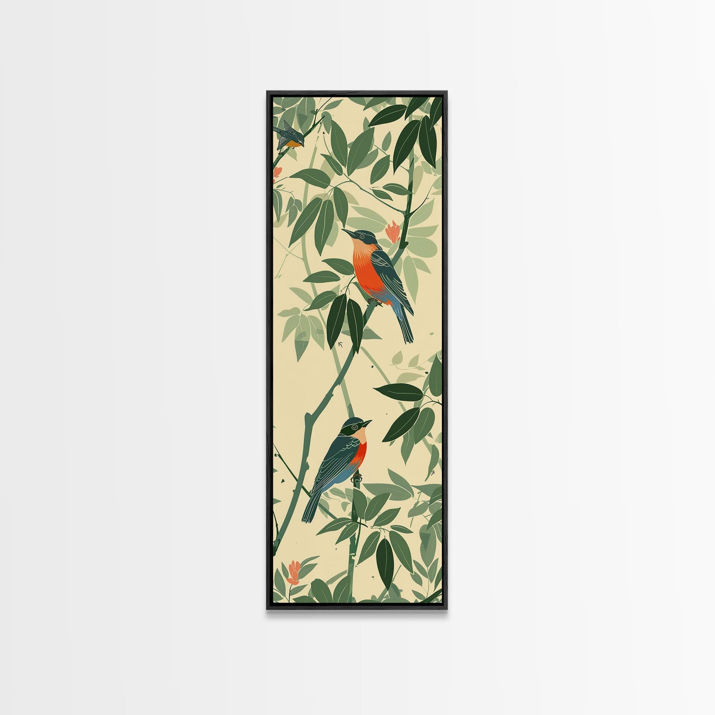 Skinny Art Tall Art Framed Canvas Print Birds Amongst Dense Greenery And Red Flowers Ukiyo-e Japanese Style Art Wood Block Print