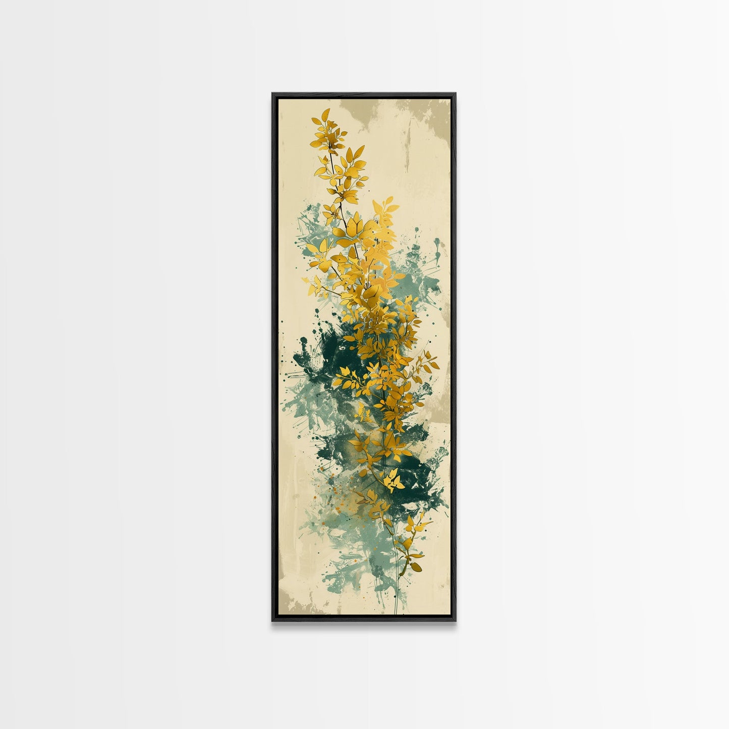 Golden Foliage Set Against Green Textured Background Skinny Art Tall Art Framed Canvas Print Japanese Style Art Ukiyo-e Art Wood Block Print Natural Elegant