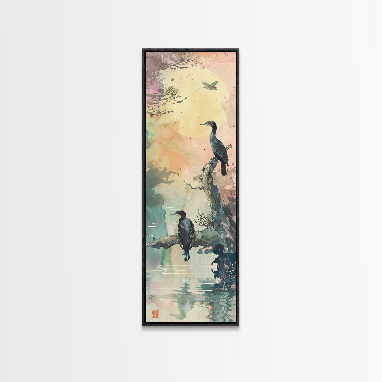 Orange Marigold Blossoms in Japanese Style Tall Skinny Framed Canvas Print - Ukiyo-e Wall Art