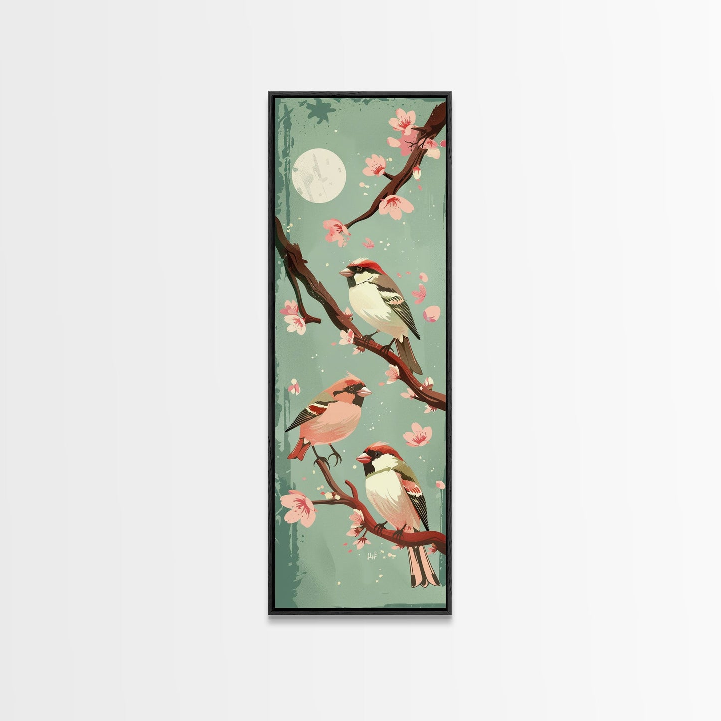 Delicate Sparrows Perched On Cherry Blossoms Under Full Moon Serene Nighttime Setting Captured Tall Framed Canvas Print Nature Scene