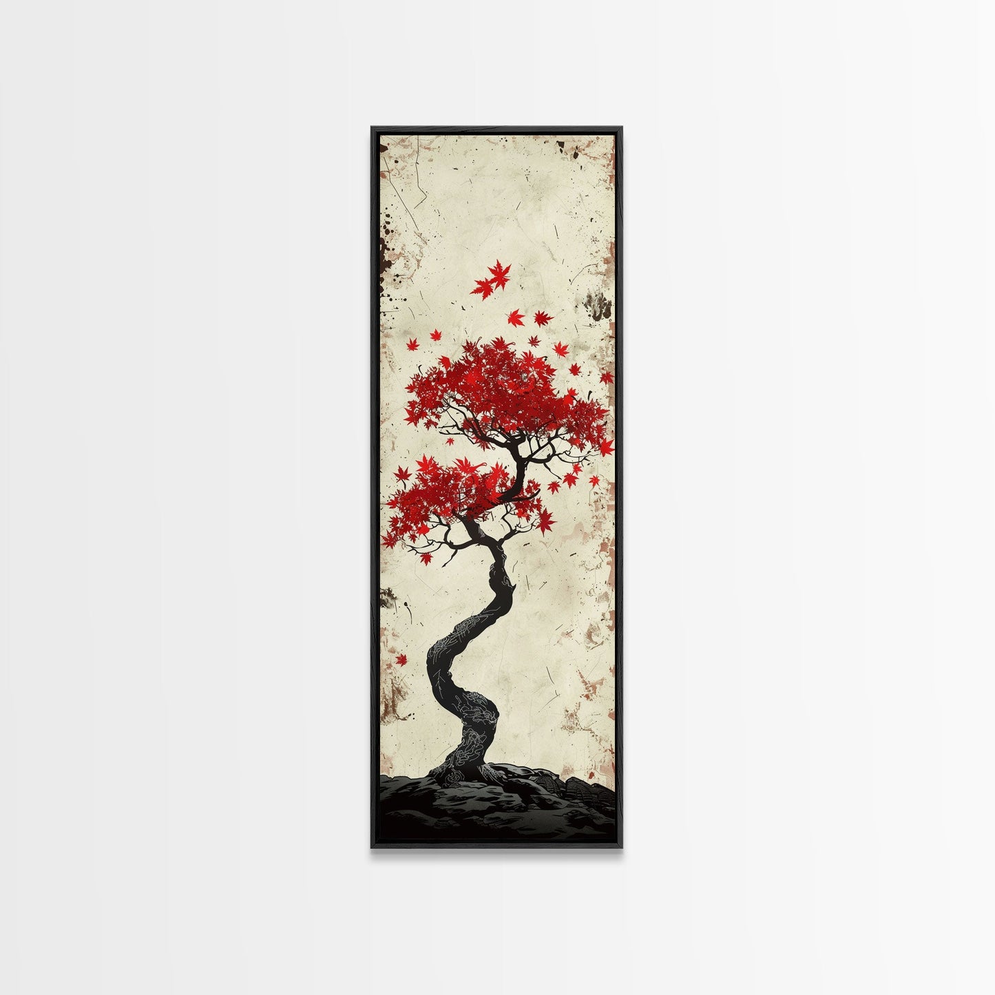 Red Maple Bonsai Tree Japanese Art Skinny Wall Art Framed Canvas Print with Windswept Branches and Red Leaves