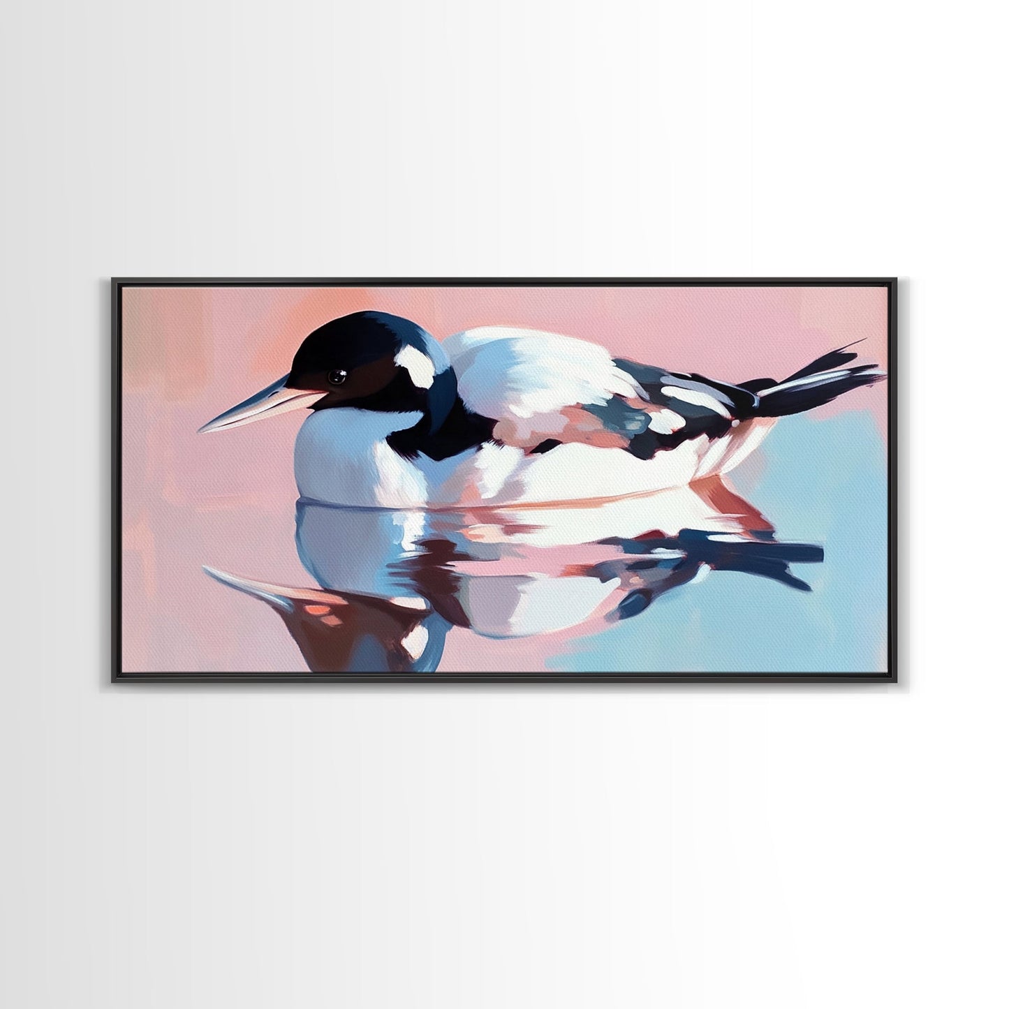Waterfowl Reflection, bird art, lake Tahoe art, coastal painting, wildlife decor, pink orange wall art, framed canvas print