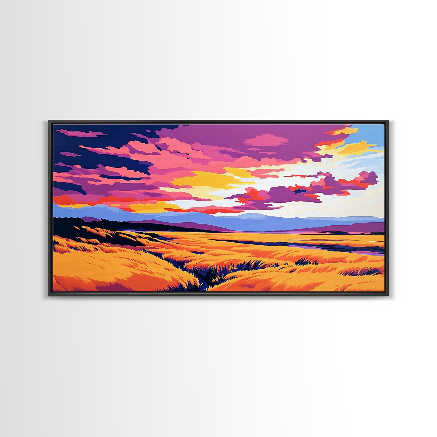 Golden Meadow, landscape painting, farmhouse art, moody art, above bed wall art, wabi sabi art, extra wide art, framed canvas print