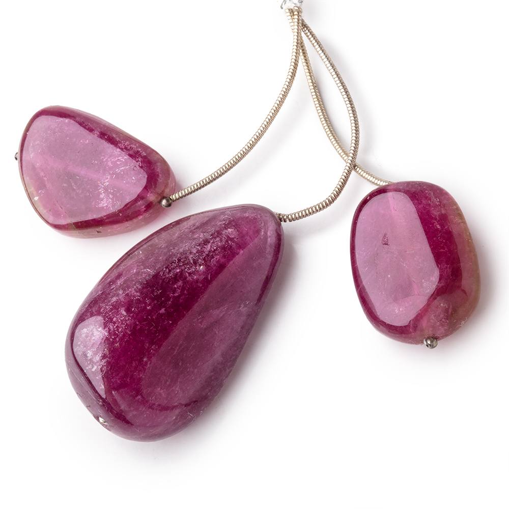 23-38mm Rubellite Tourmaline Plain Nugget Focal Beads Set of 3 AAA
