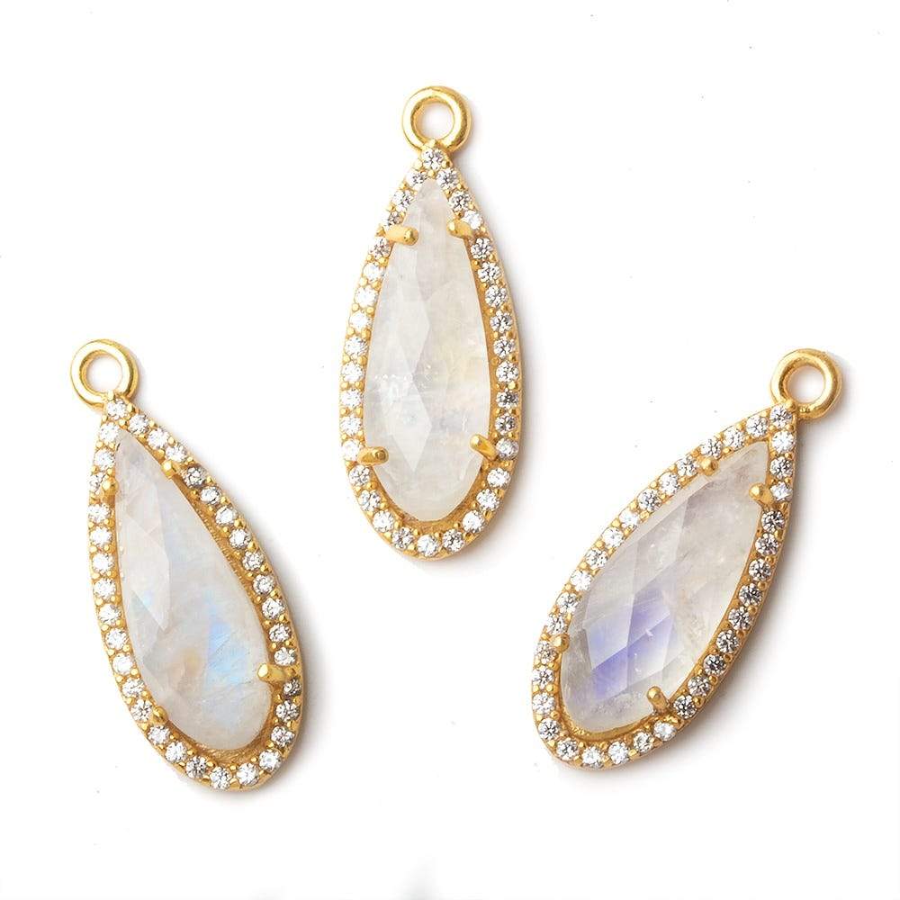 23x10mm Vermeil Bezeled White CZ & Rainbow Moonstone Pear Pendant 1 pc