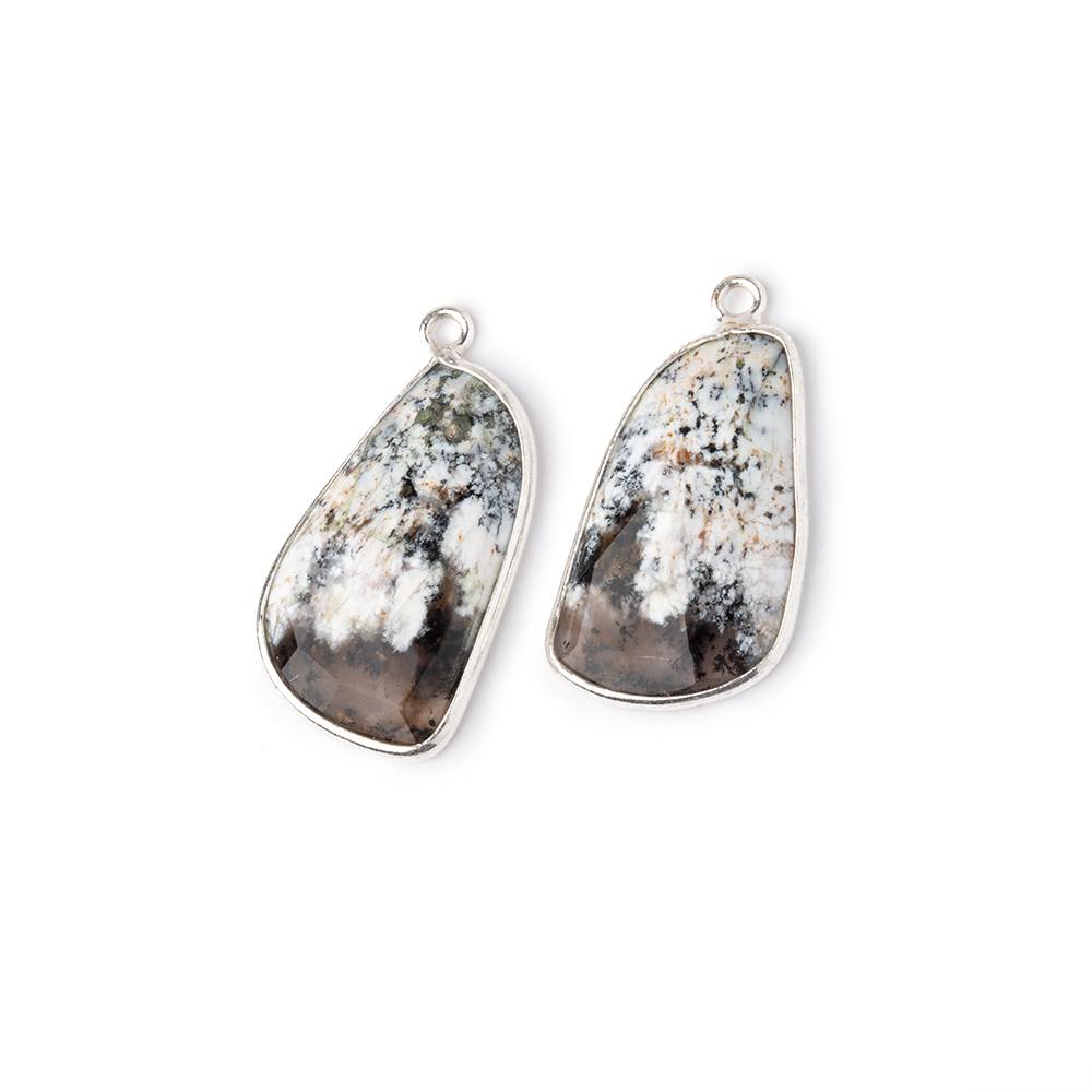 23x14mm .925 Silver Bezel Dendritic Opal Faceted Freeform Set of 2 Pendants