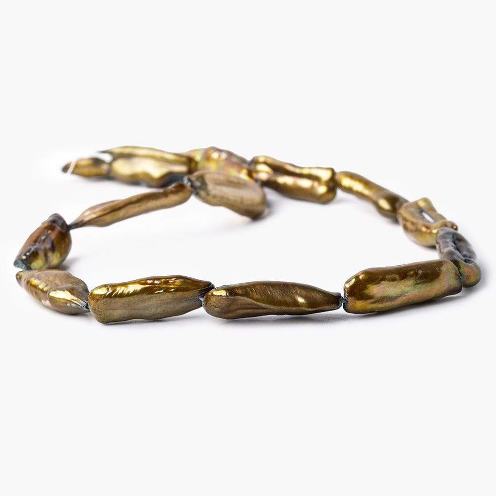 23x8mm Golden Green Biwa Freshwater Pearl 16 inch 18 pieces