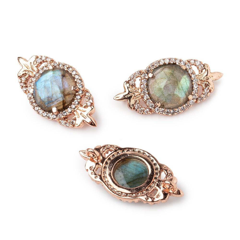 25x13mm Rose Gold Bezel CZ & Labradorite Fleur de lis Coin East West Connector 1 focal bead