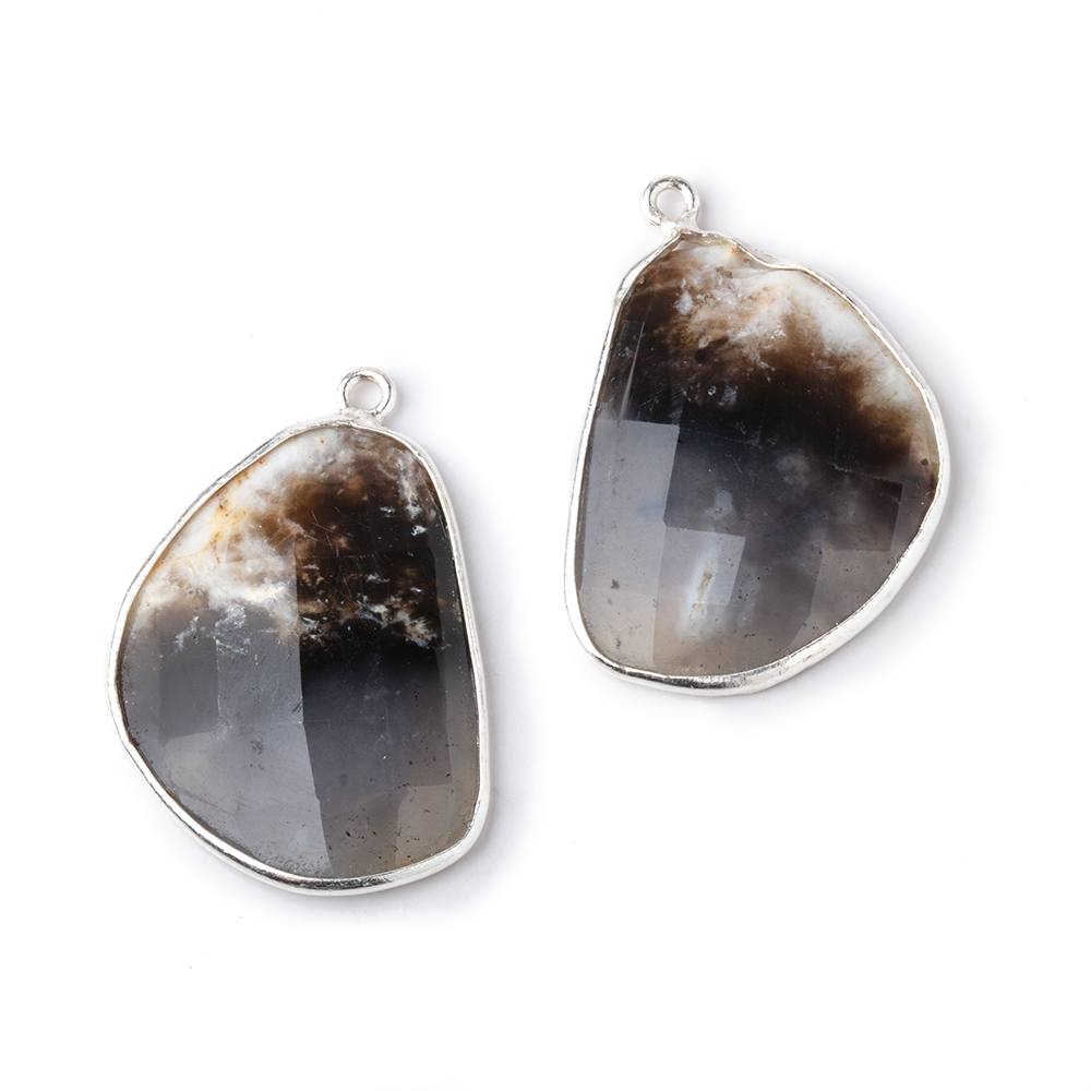 25x19mm .925 Silver Bezel Dendritic Agate Faceted Freeform Set of 2 Pendants