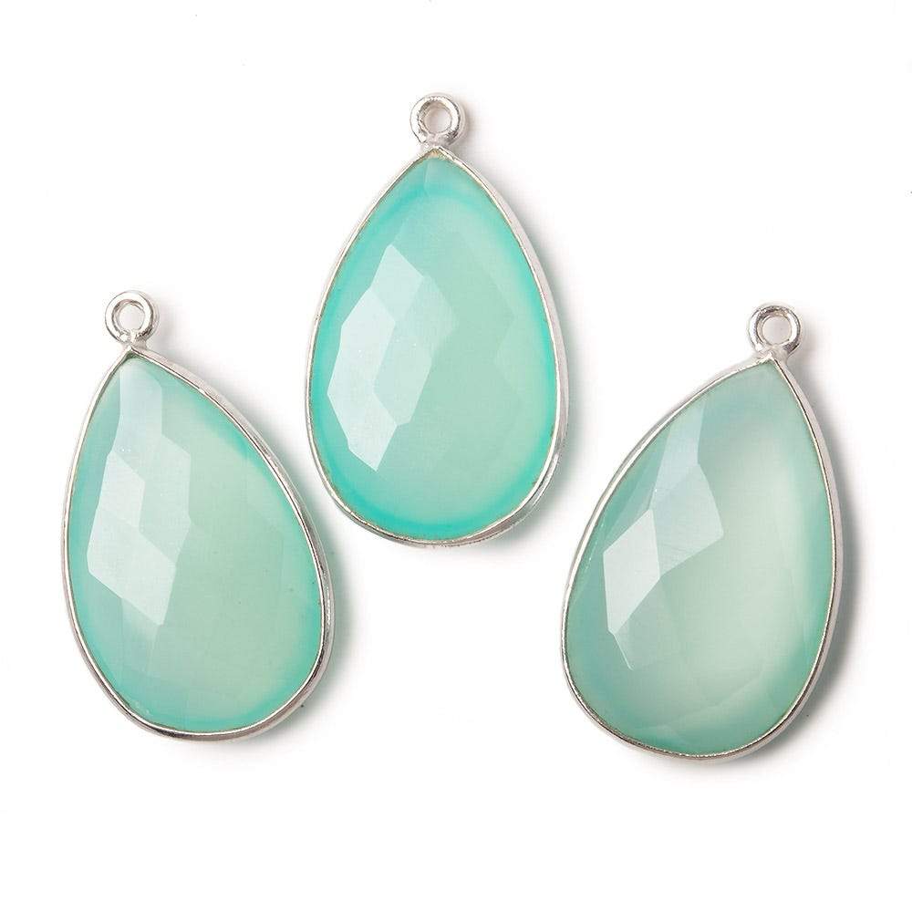 26x17mm Silver .925 Bezeled Seaglass Chalcedony faceted Pear Pendant 1 piece