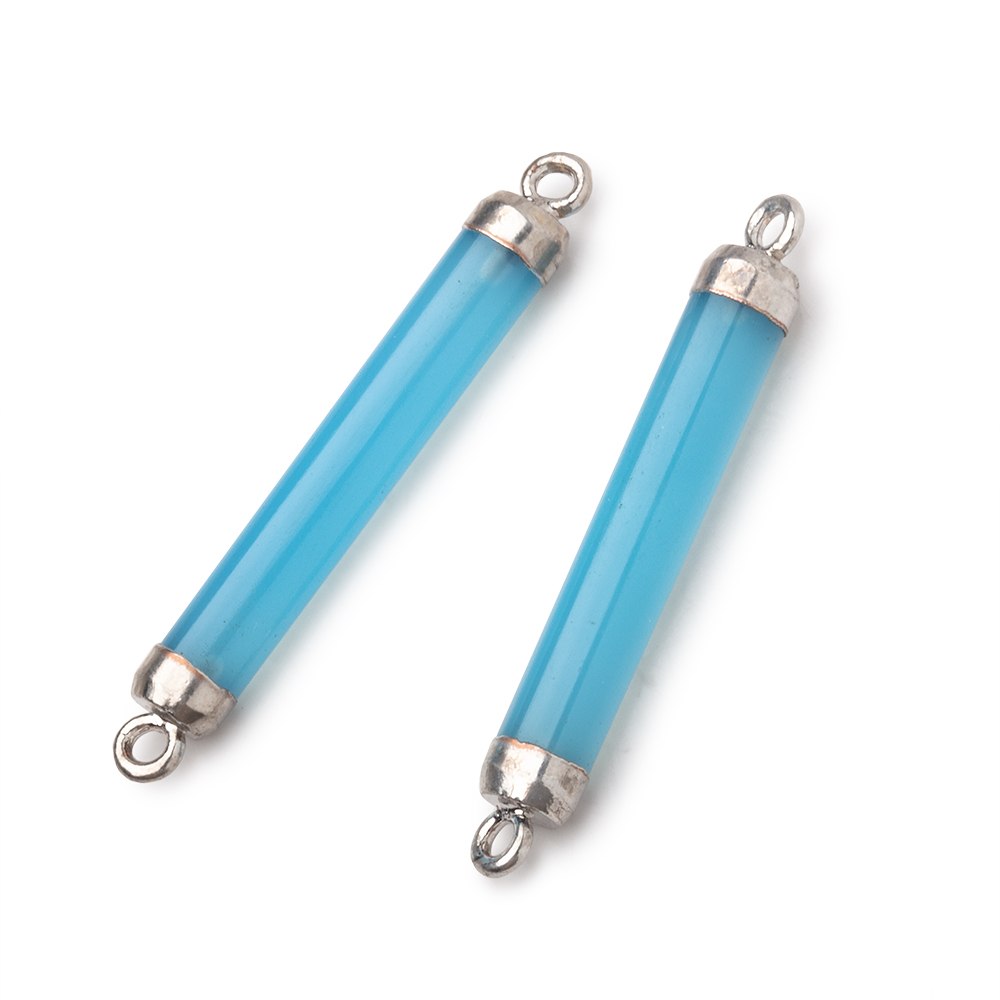 27x4.5mm Silver Leafed Blue Chalcedony Tube Focal Connector Set of 2