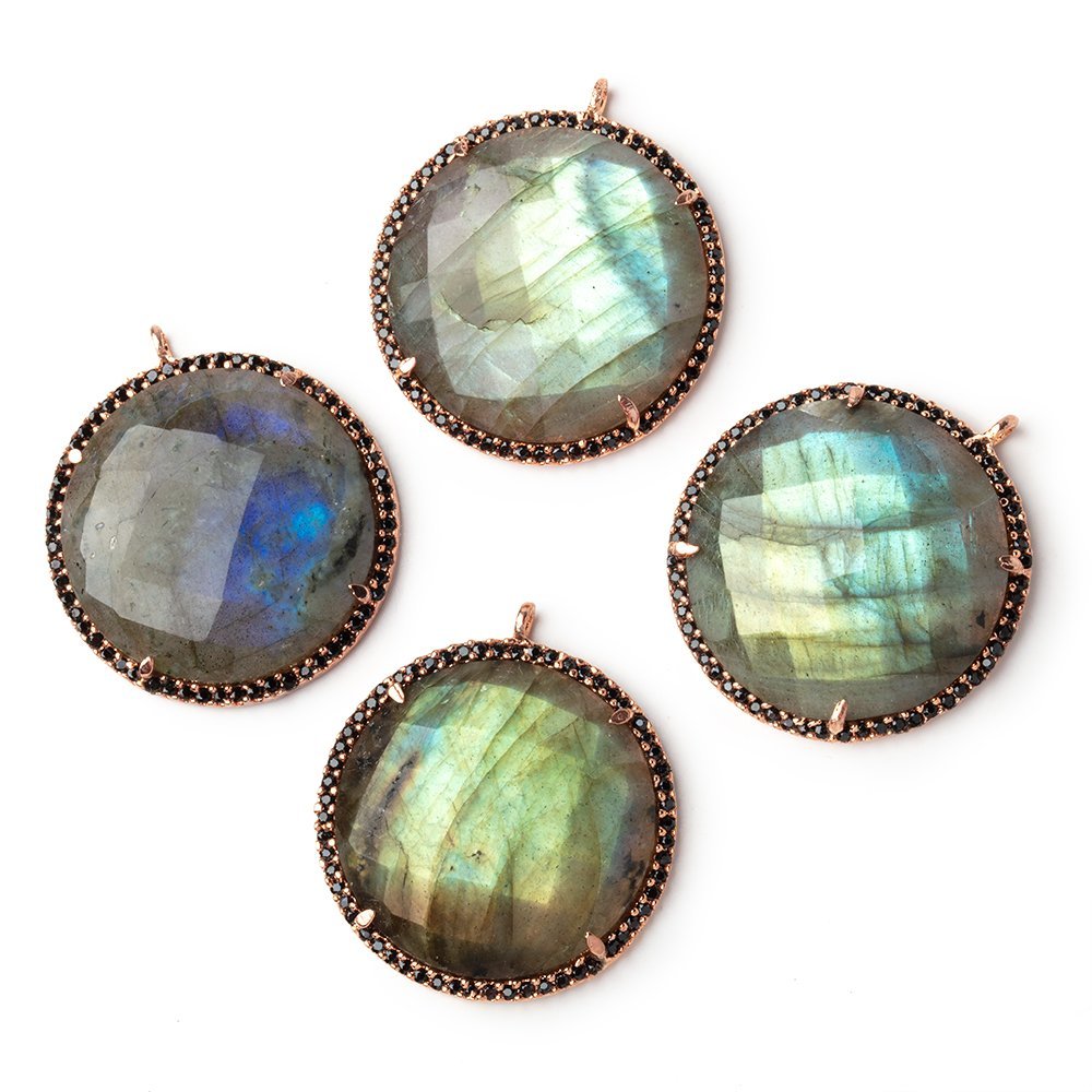 28mm Rose Gold & Black CZ Bezel Labradorite Coin Pendant 1 Focal
