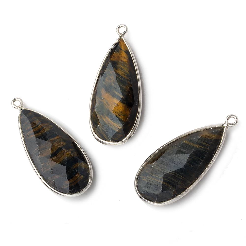 29x13mm Silver .925 Bezel Gold & Black Tiger's Eye faceted Pear Pendant 1 piece