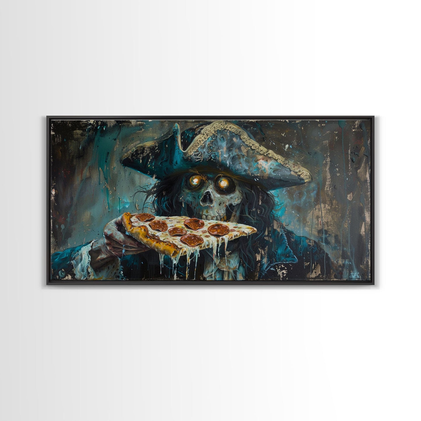 Spooky Pizza Pirate, Framed Canvas Print, Ghostly Pirate Havin a Slice of Pizza, kinda funny idk