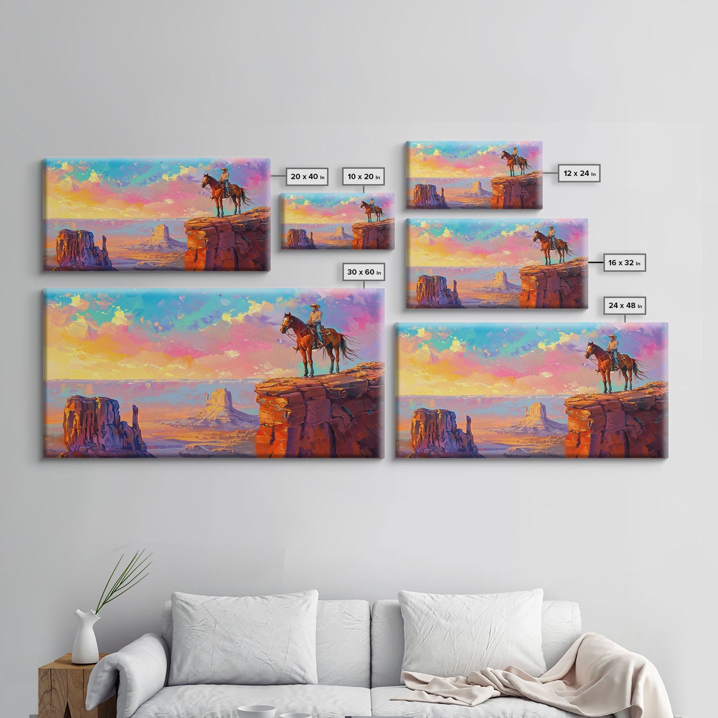 Cowboy Overlooking Monument Valley, Farmhouse Style Framed Canvas Print for Bedroom Wall Art, Rustic Home Decor, Scenic Western Landscape