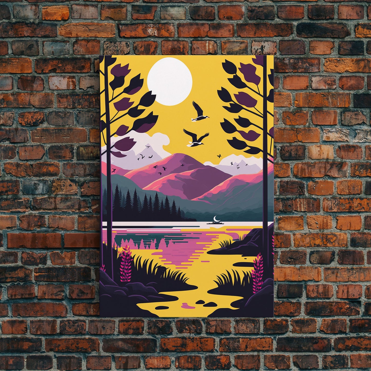 Colorful Pop Art Picture of a Mountain and Forest Landscape, Framed Canvas Print, Surrealist High Contrast Cel Shaded Landscape Art